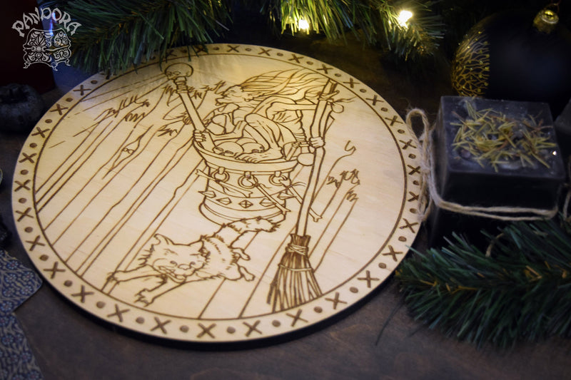 Wooden pentacle with engraving Baba Yaga - supernatural being associations with forest wildlife from Slavic folklore