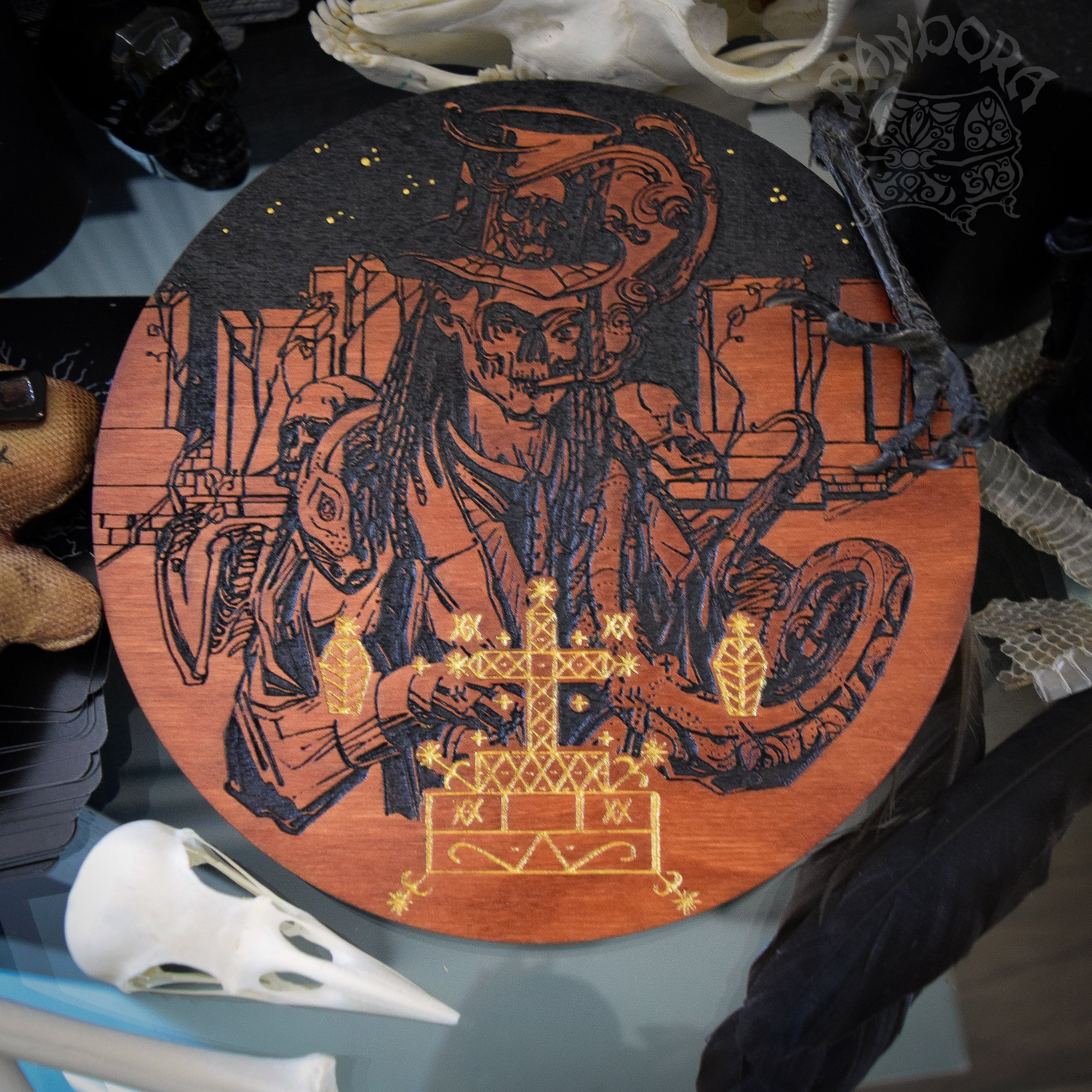 Wooden pentacle with engraving Baron Samedi and his Veve - Lord of Death - Loa from Haitian Vodou (voodoo). Baron Samedi also known as Baron Samdi, Bawon Samedi, or Bawon Sanmdi.