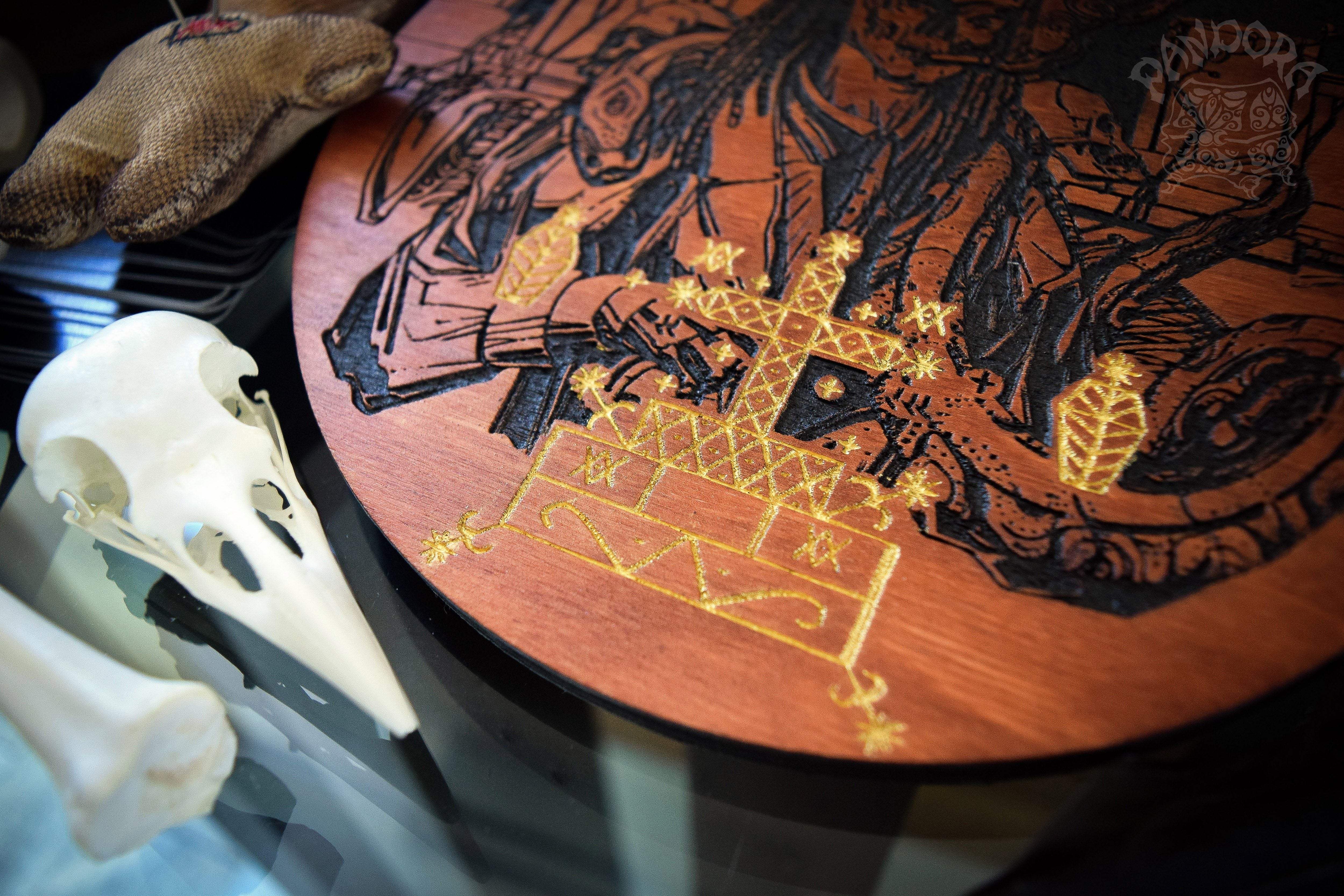 Wooden pentacle with engraving Baron Samedi and his Veve - Lord of Death - Loa from Haitian Vodou (voodoo). Baron Samedi also known as Baron Samdi, Bawon Samedi, or Bawon Sanmdi.