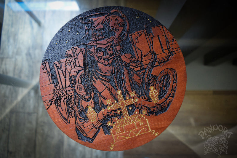 Wooden pentacle with engraving Baron Samedi and his Veve - Lord of Death - Loa from Haitian Vodou (voodoo). Baron Samedi also known as Baron Samdi, Bawon Samedi, or Bawon Sanmdi.