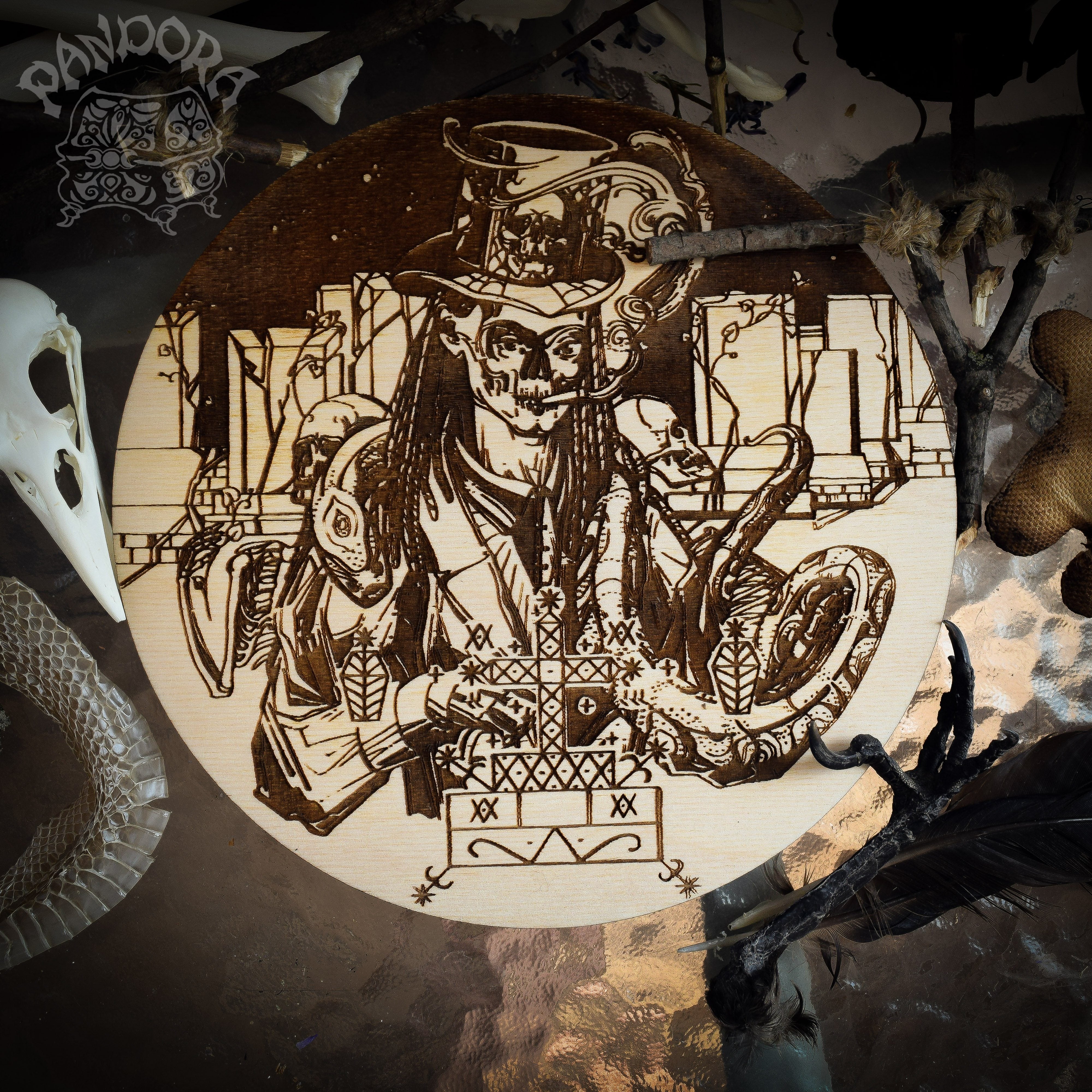 Wooden pentacle with engraving Baron Samedi and his Veve - Lord of Death - Loa from Haitian Vodou (voodoo). Baron Samedi also known as Baron Samdi, Bawon Samedi, or Bawon Sanmdi.