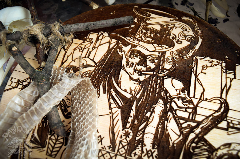 Wooden pentacle with engraving Baron Samedi and his Veve - Lord of Death - Loa from Haitian Vodou (voodoo). Baron Samedi also known as Baron Samdi, Bawon Samedi, or Bawon Sanmdi.
