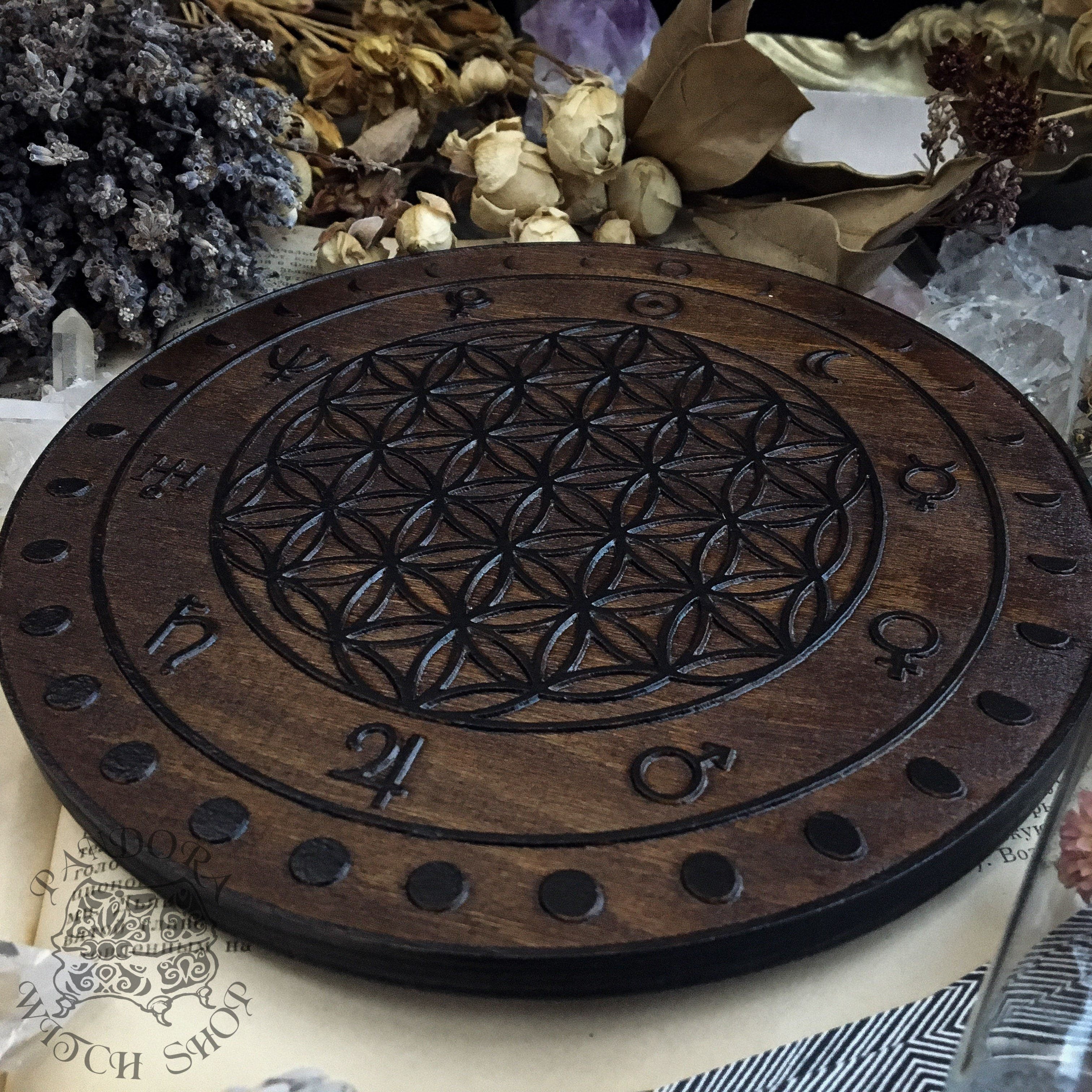 Crystal Grid Flower Of Life, Flower Pythagoras - Moon - Oak\Black