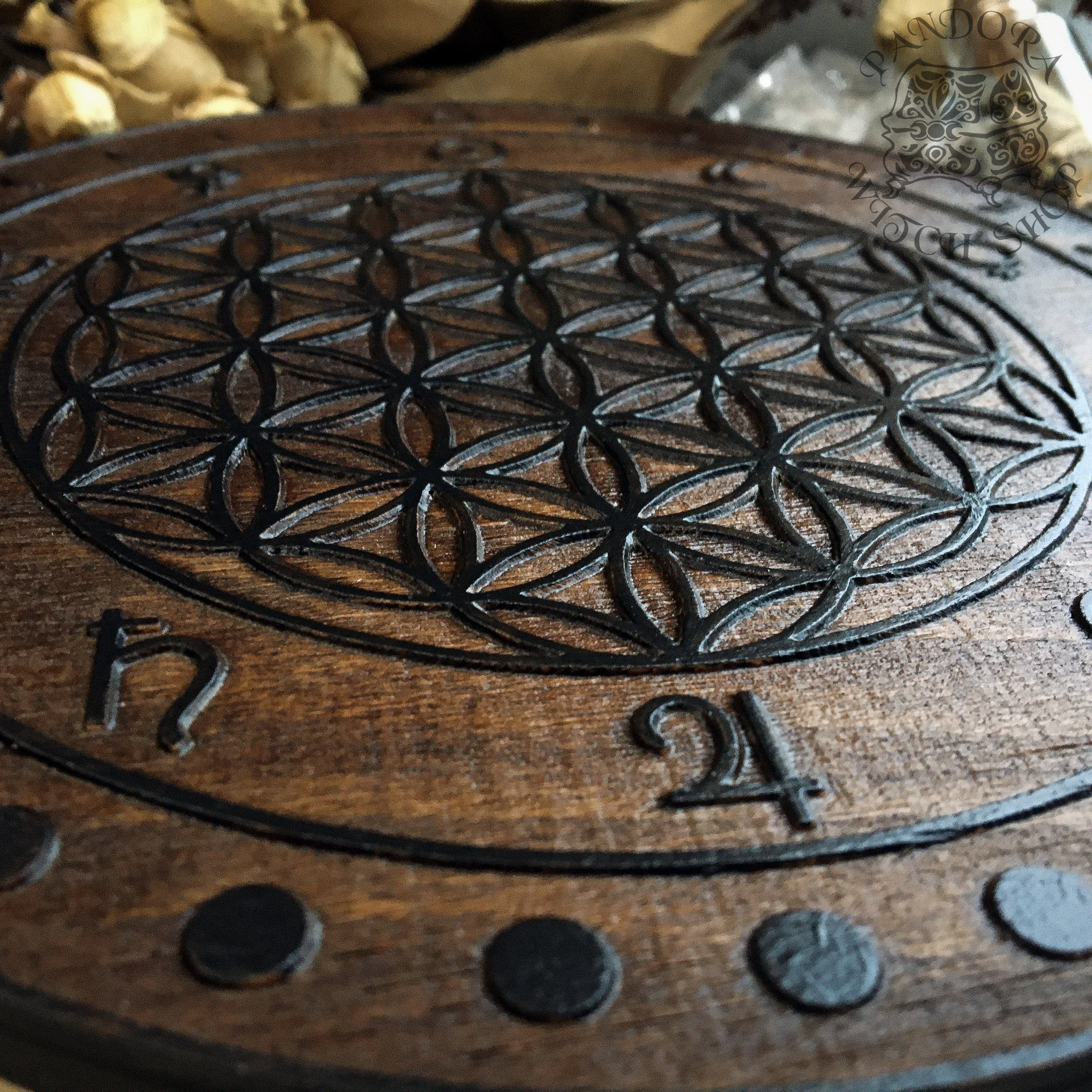 Crystal Grid Flower Of Life, Flower Pythagoras - Moon - Oak\Black