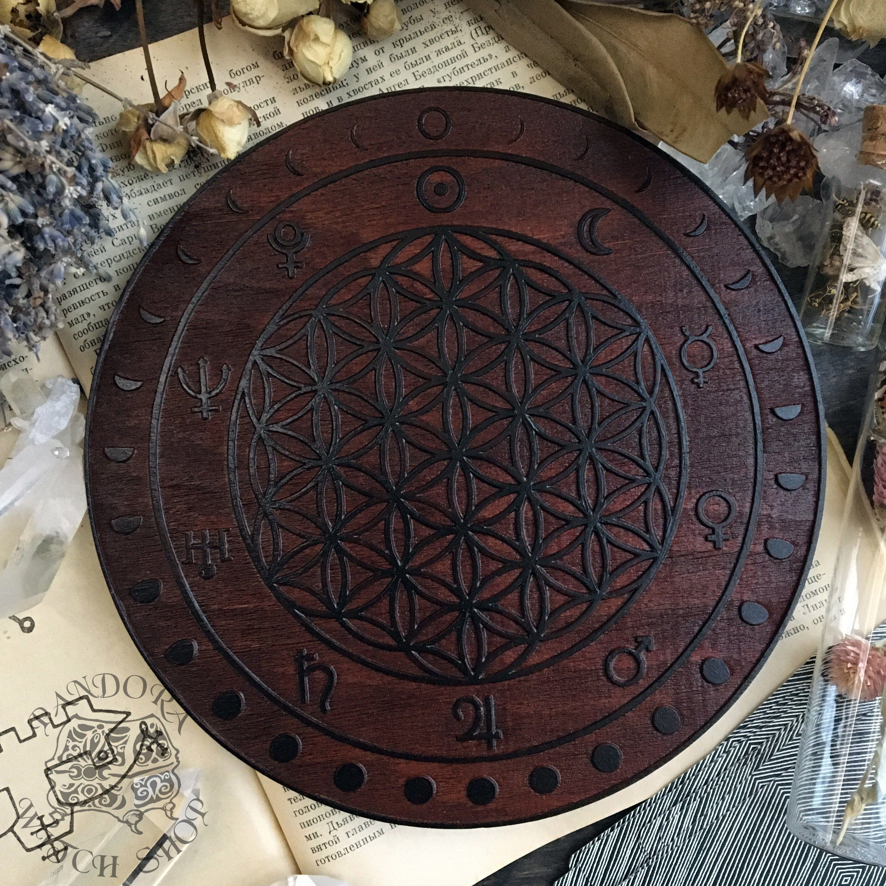 Crystal Grid Flower Of Life, Flower Pythagoras - Moon - Red Wood\Black