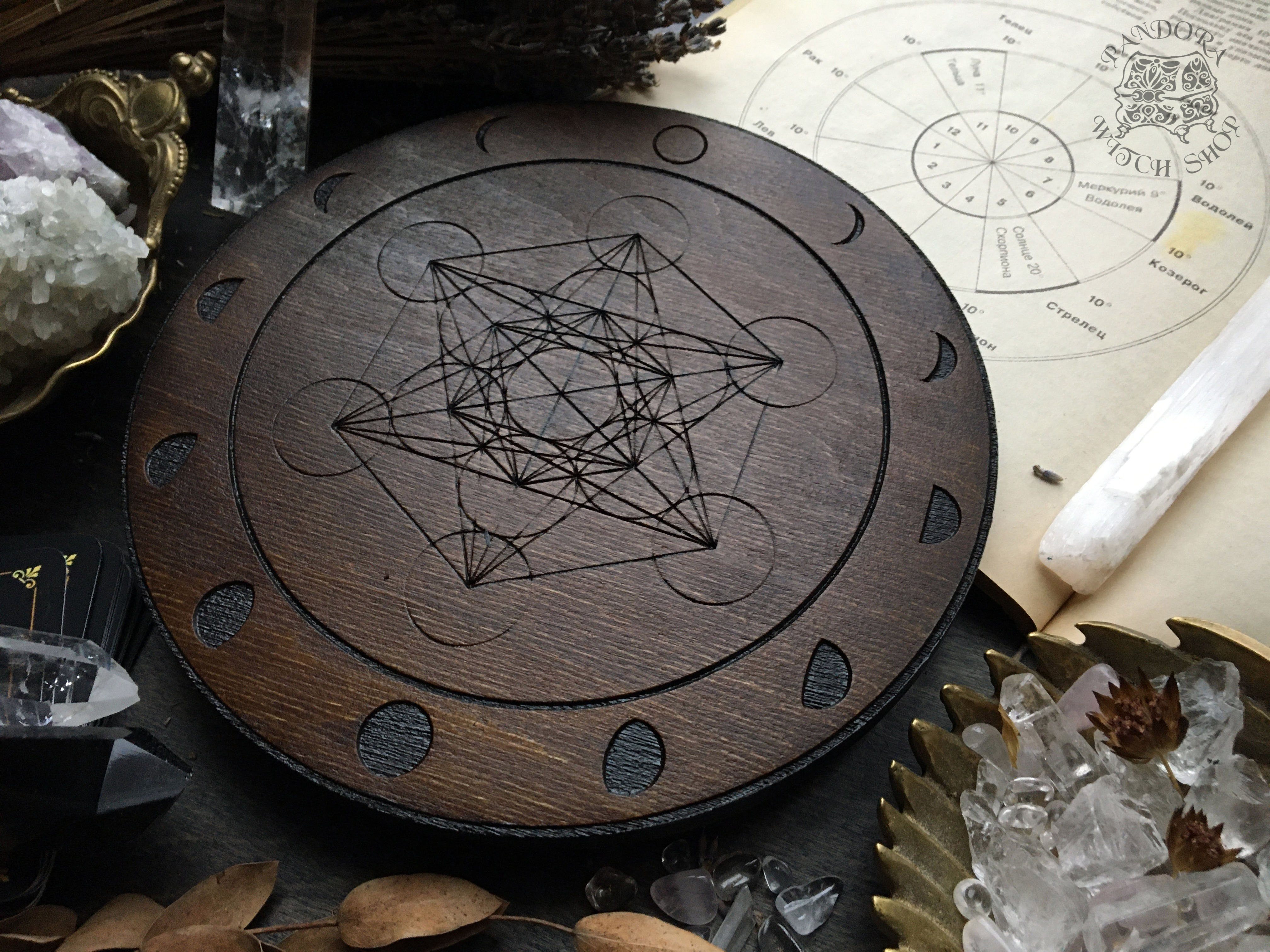 Crystal grid - Moon Metatrons Cube - Dark wood