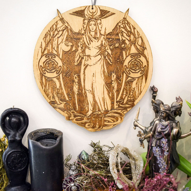Wooden pentacle with engraving goddess Hecate (Hekate) from  ancient Greek religion and mythology. Great goddess of witchcraft, crossroads, light, magic, knowledge and sorcery.