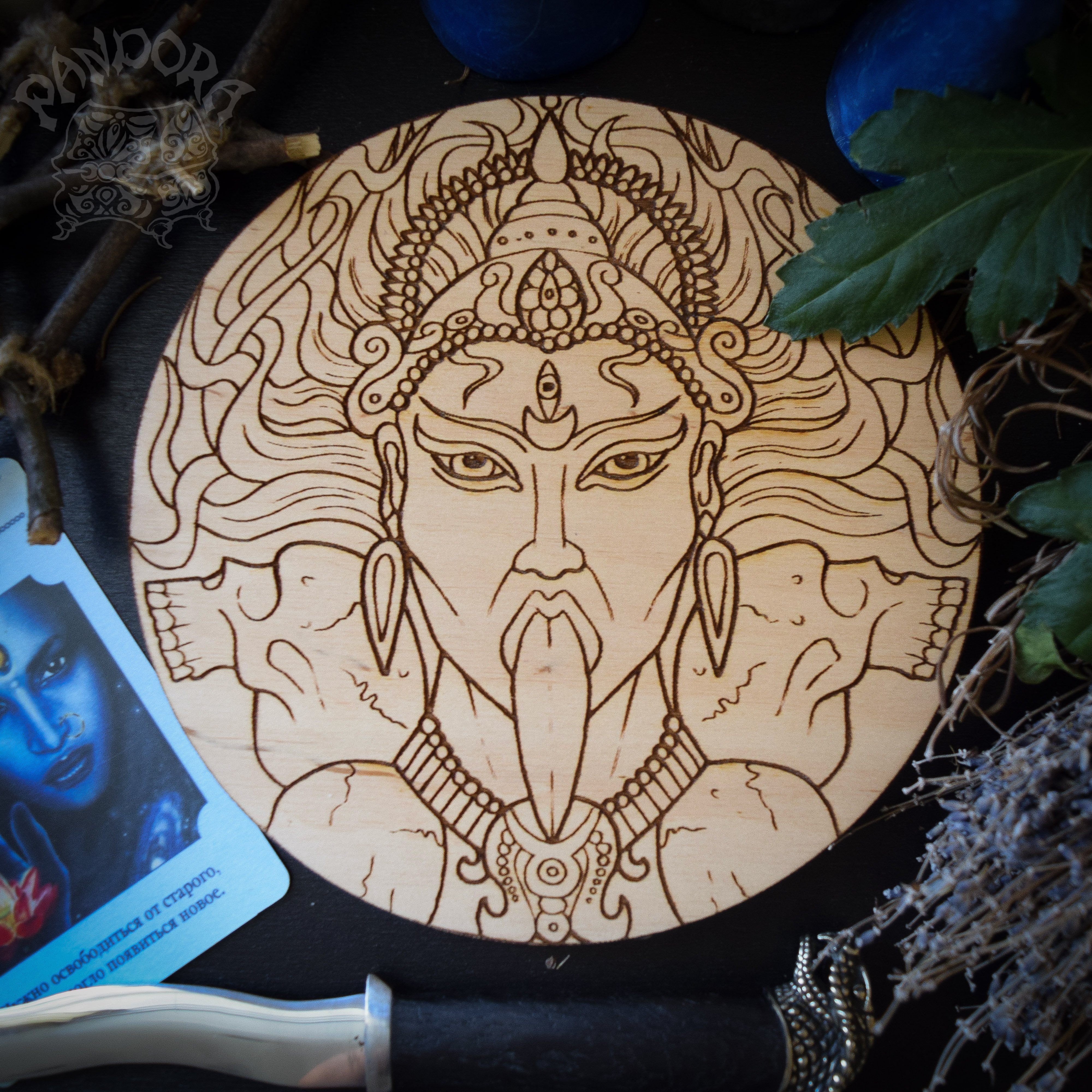 Wooden pentacle with engraving Kali - Hindu goddess (Devi) of Death, Time, Creation, Destruction and Power. Also known as Kālikā or Shyāmā. 