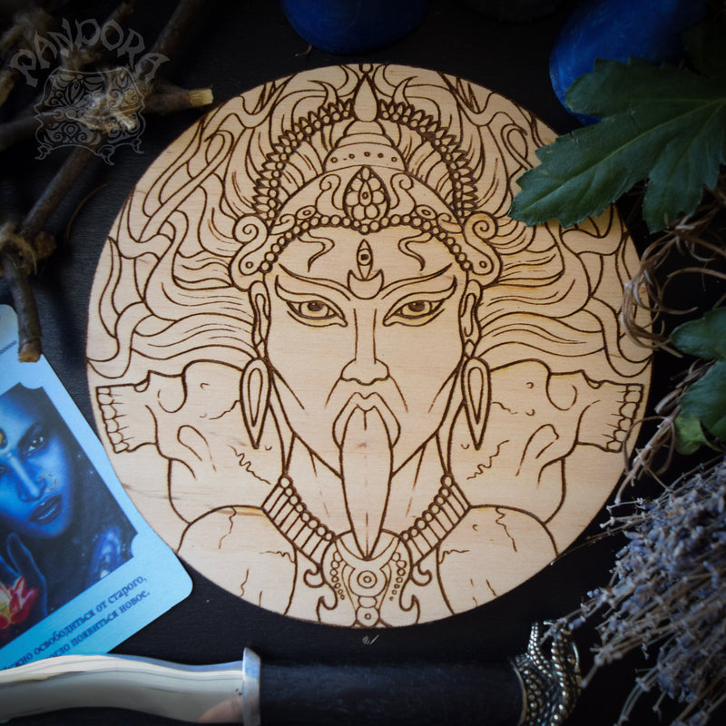 Wooden pentacle with engraving Kali - Hindu goddess (Devi) of Death, Time, Creation, Destruction and Power. Also known as Kālikā or Shyāmā. 
