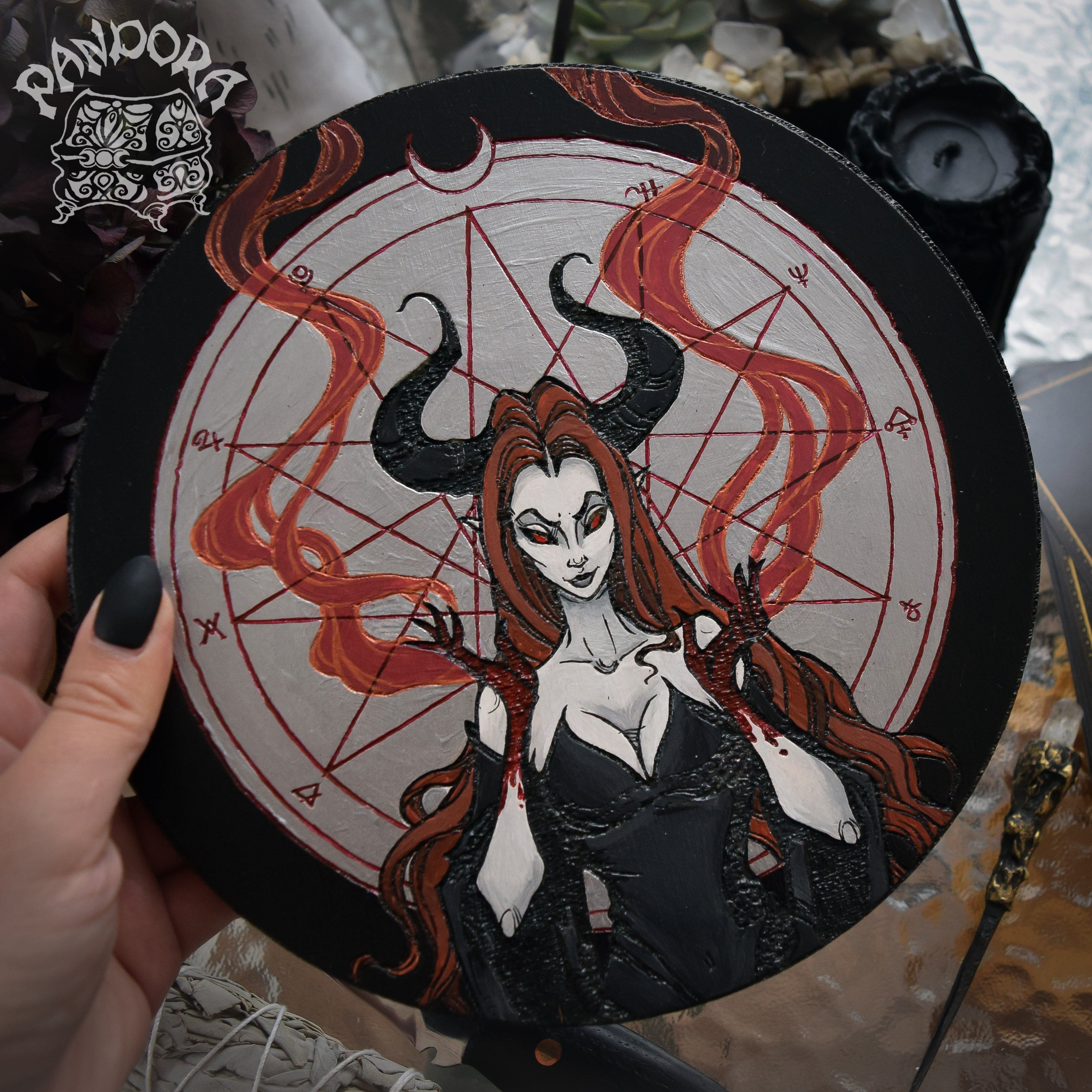 Wooden pentacle with engraving dark goddess Lilith. Often envisioned as a dangerous female demon. 