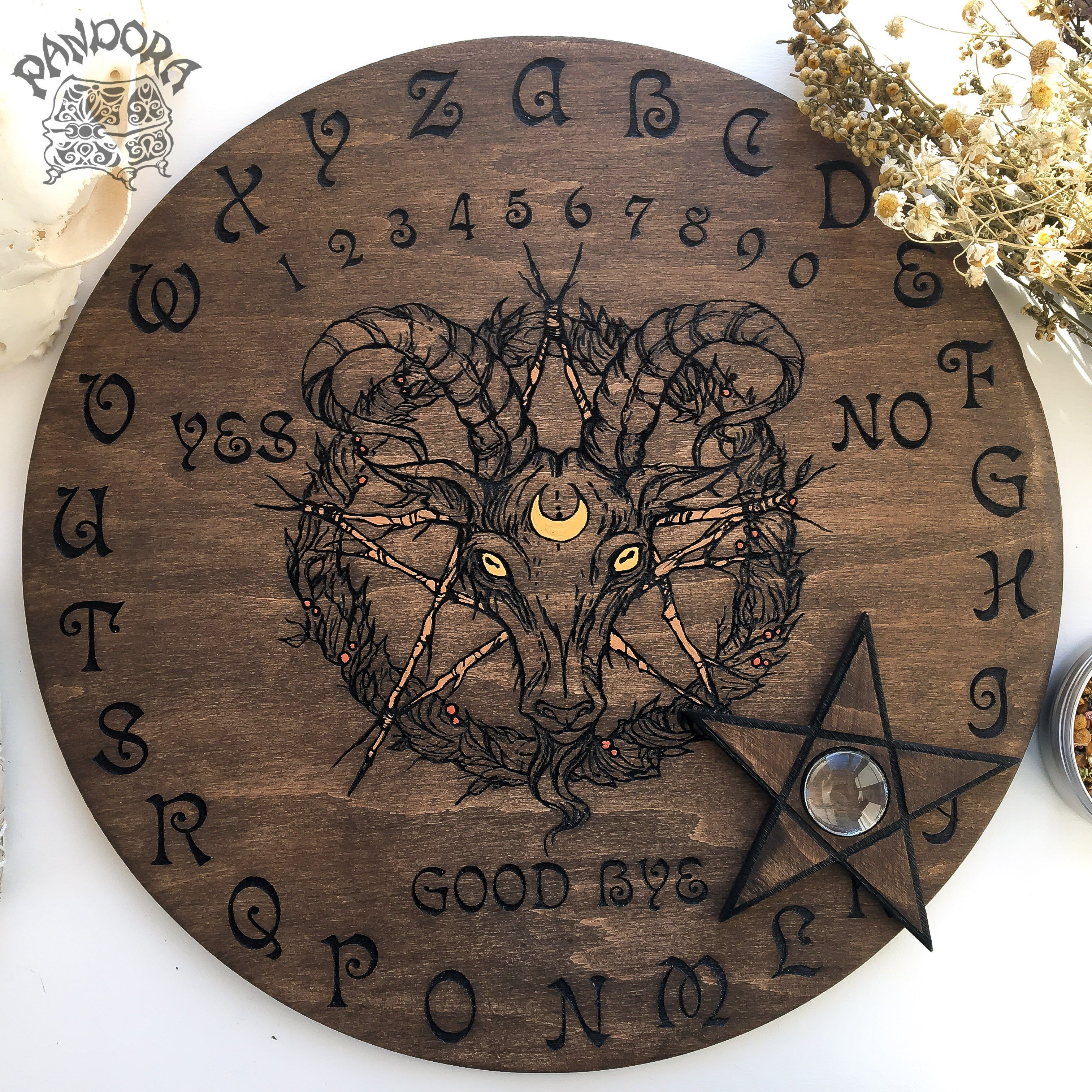 Wooden Ouija Board, Witch Board, Talking Board for calling spirits with Irene Horrors art Black Phillip, Baphomet, Samael, Lucifer, Satan, Devil