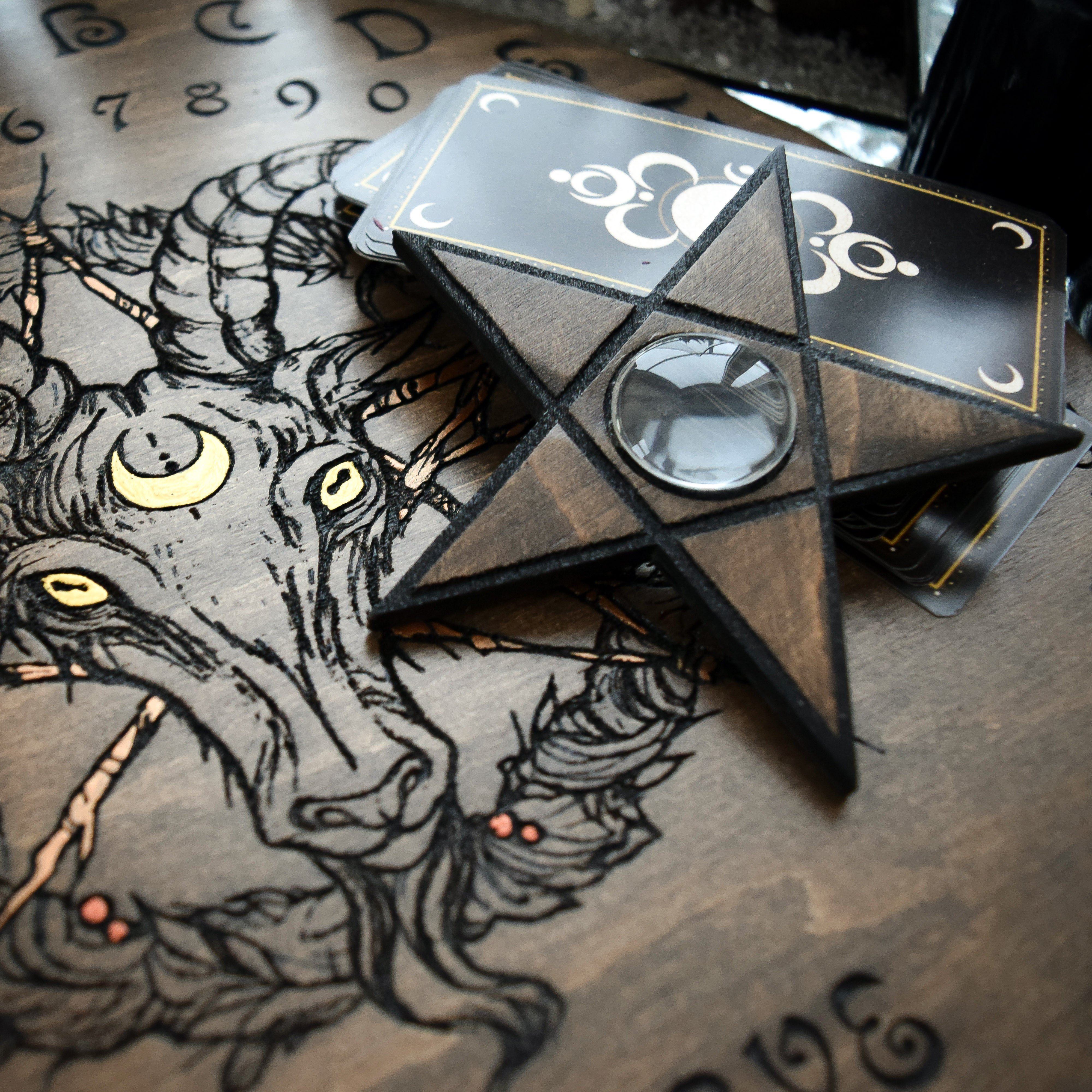 Wooden Ouija Board, Witch Board, Talking Board for calling spirits with Irene Horrors art Black Phillip, Baphomet, Samael, Lucifer, Satan, Devil