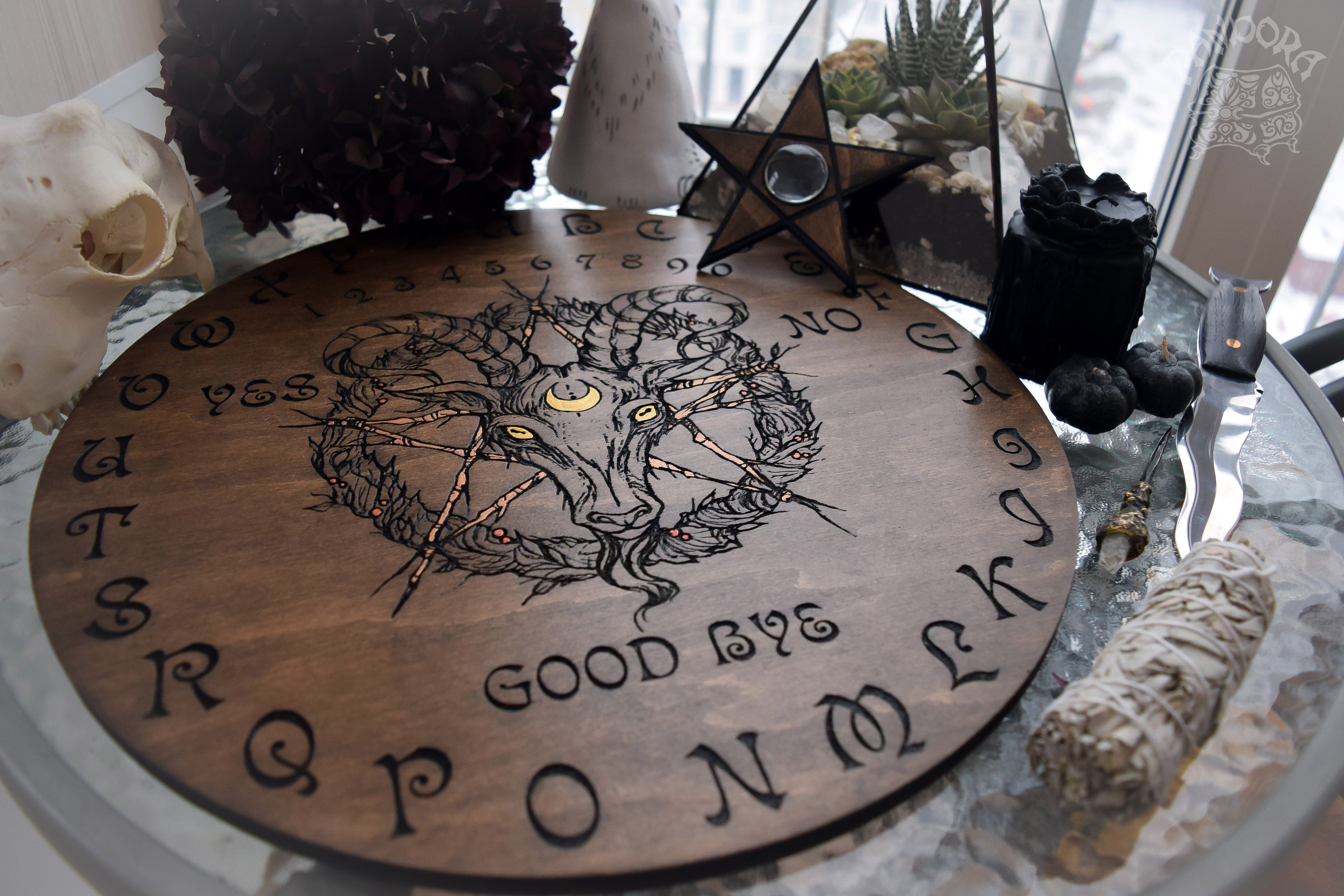 Wooden Ouija Board, Witch Board, Talking Board for calling spirits with Irene Horrors art Black Phillip, Baphomet, Samael, Lucifer, Satan, Devil