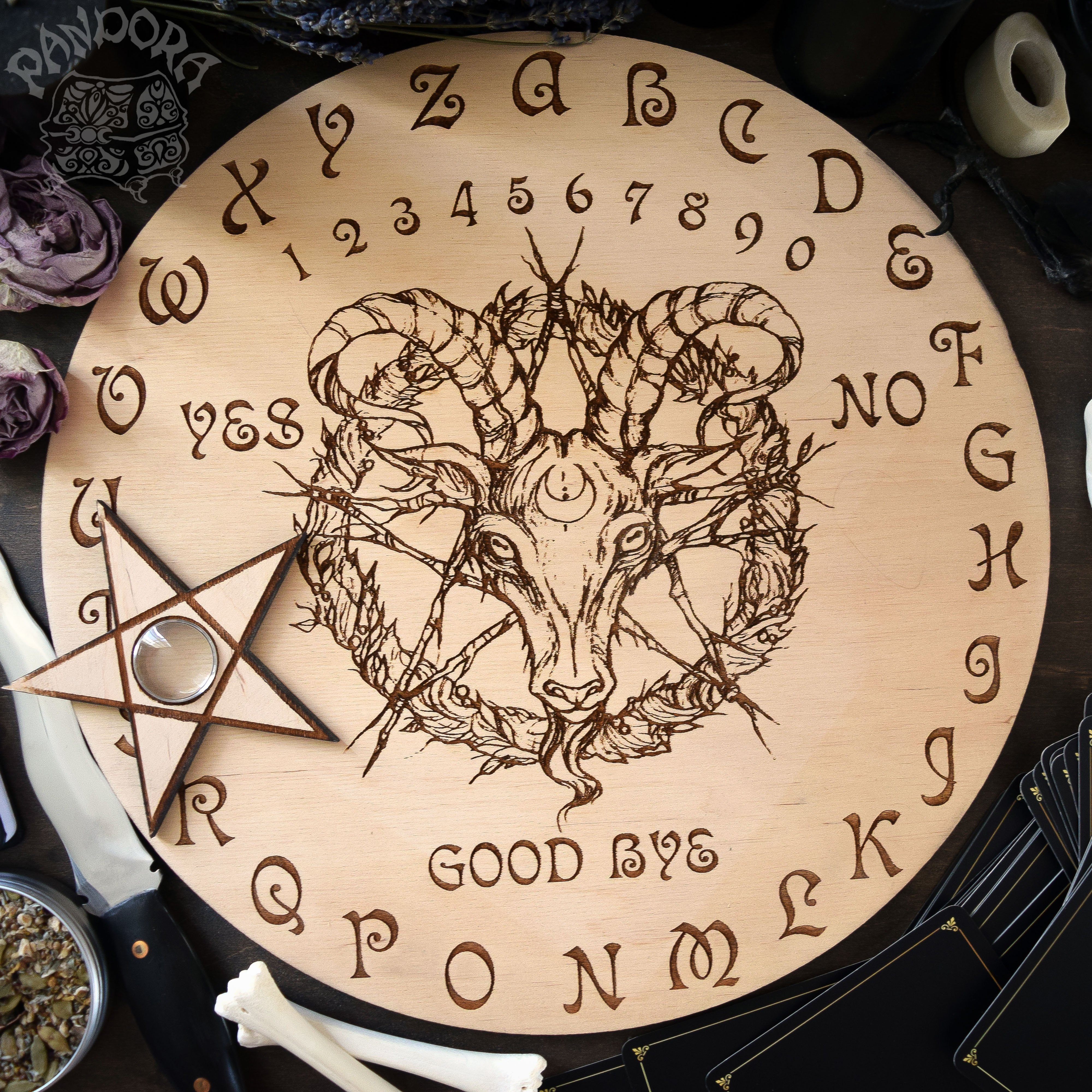 Wooden Ouija Board, Witch Board, Talking Board for calling spirits with Irene Horrors art Black Phillip, Baphomet, Samael, Lucifer, Satan, Devil