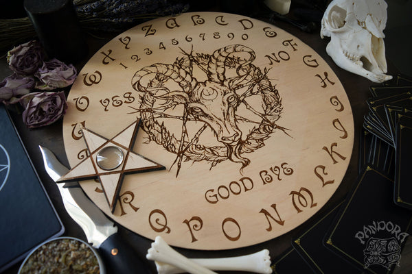 Wooden Ouija Board, Witch Board, Talking Board for calling spirits with Irene Horrors art Black Phillip, Baphomet, Samael, Lucifer, Satan, Devil
