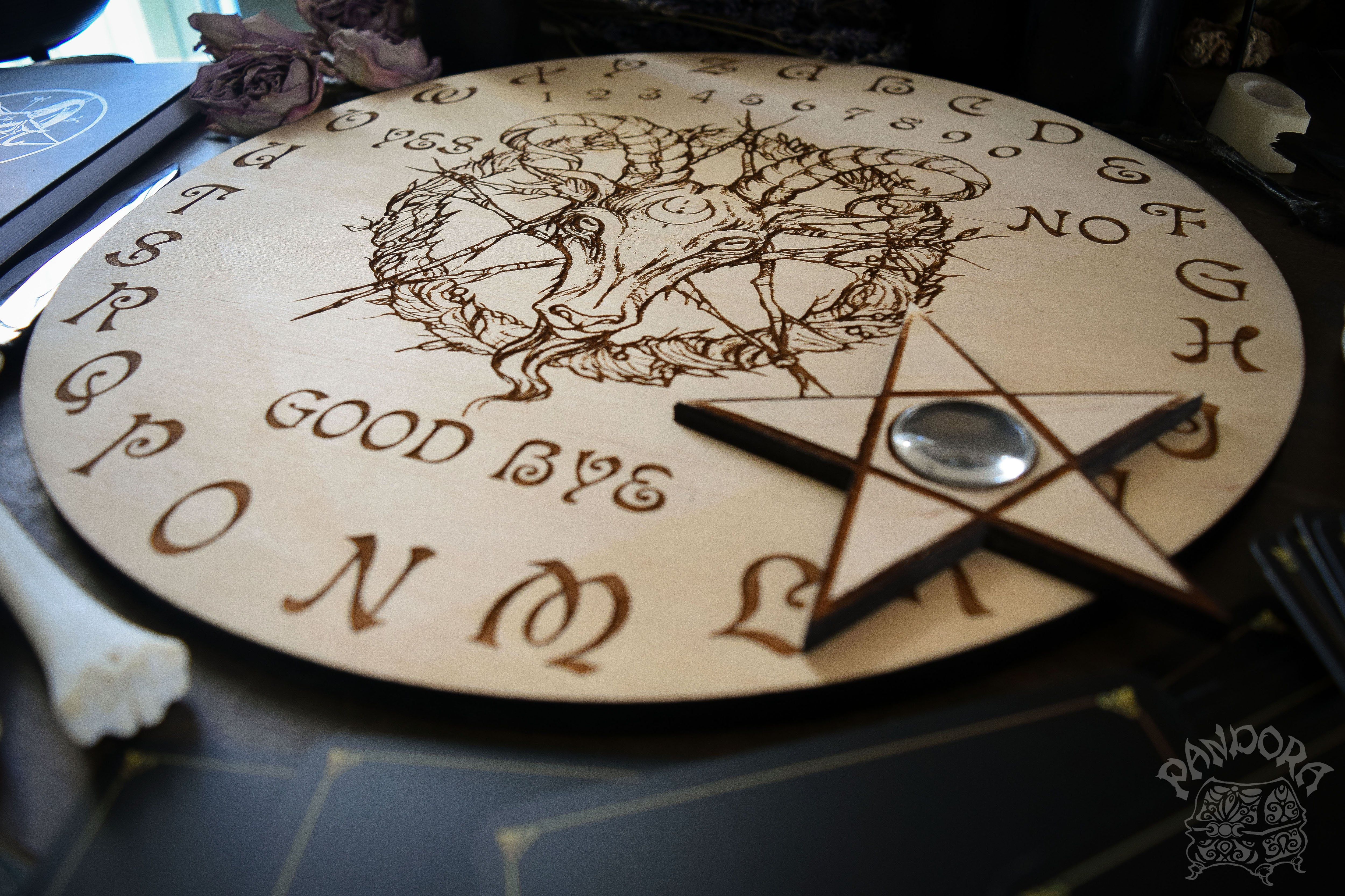 Wooden Ouija Board, Witch Board, Talking Board for calling spirits with Irene Horrors art Black Phillip, Baphomet, Samael, Lucifer, Satan, Devil