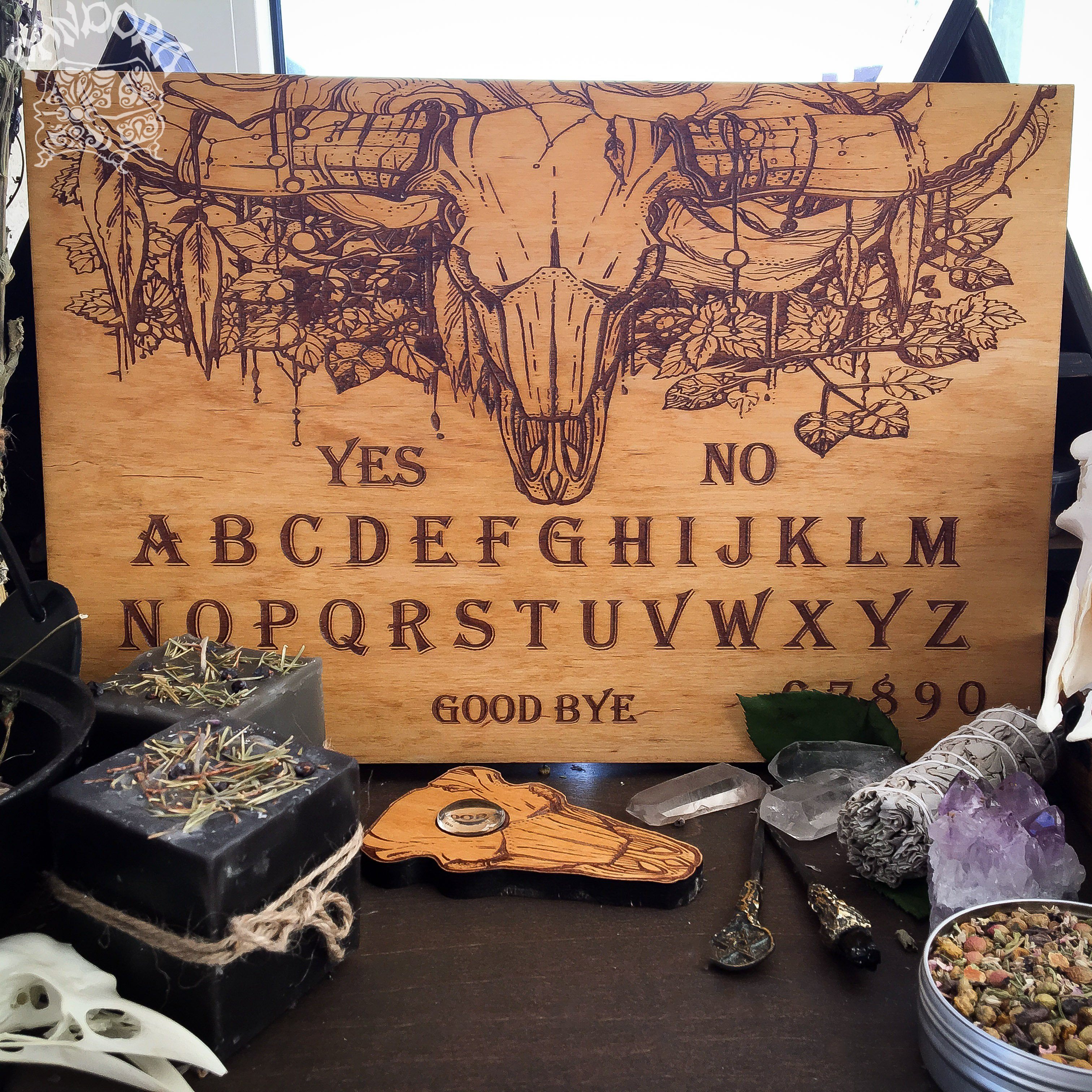 Wooden Ouija Board, Witch Board, Talking Board for calling spirits with Bull Skull and flowers