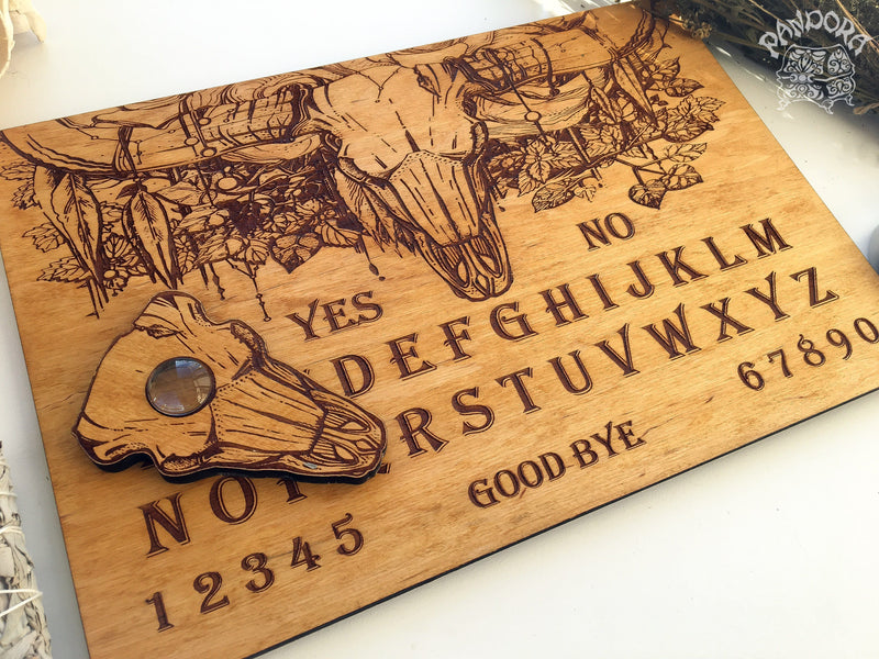 Wooden Ouija Board, Witch Board, Talking Board for calling spirits with Bull Skull and flowers