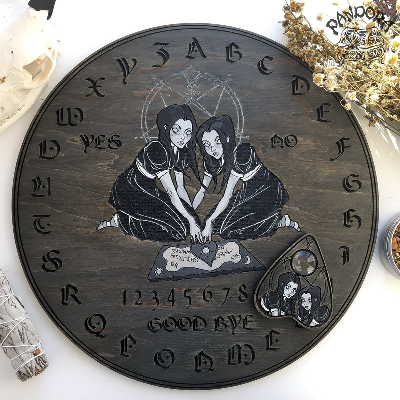 Wooden Ouija Board, Witch Board, Talking Board for calling spirits with Irene Horrors art Creepy Twins