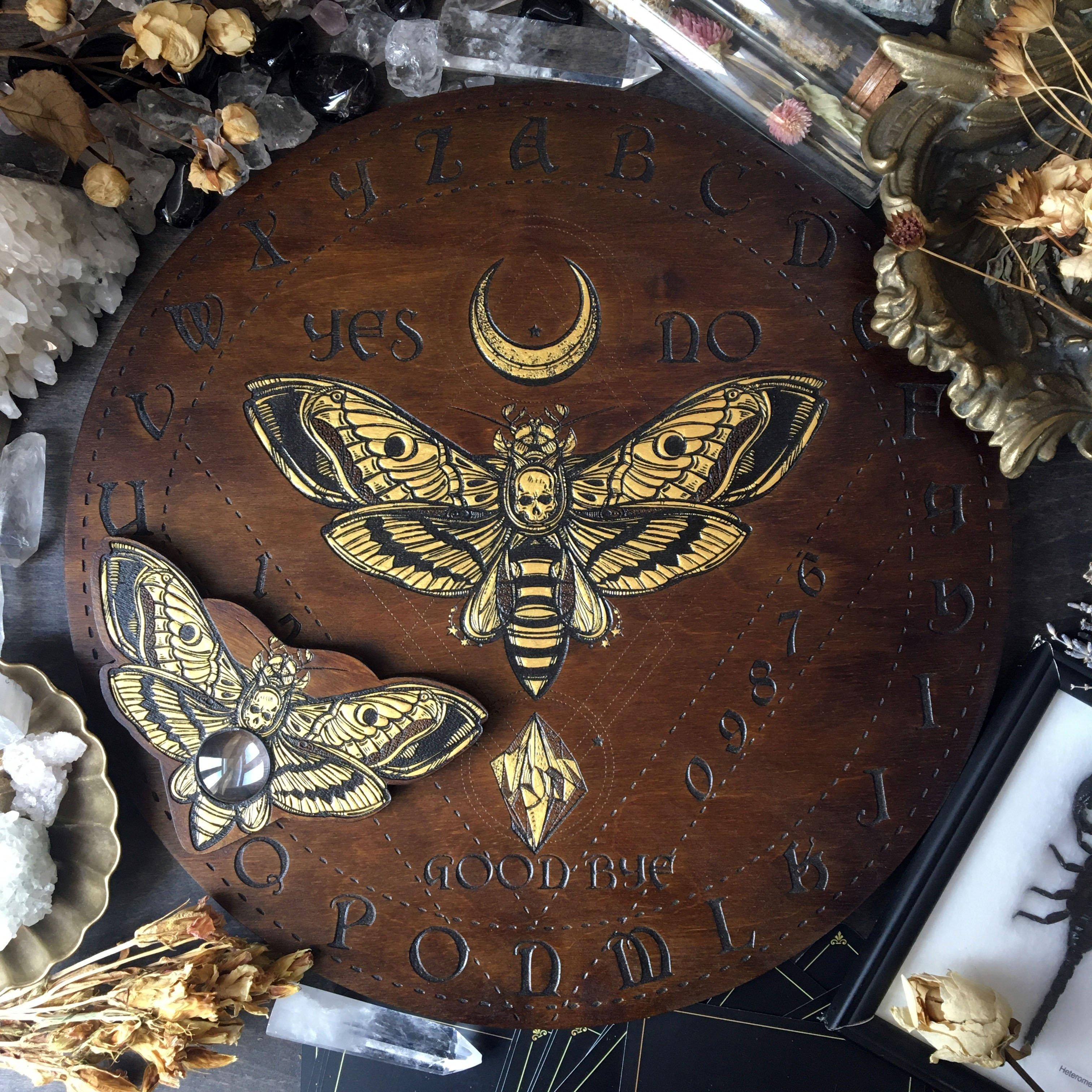 Ouija Board, Witch Board, Talking Board for calling spirits with Death's head moth