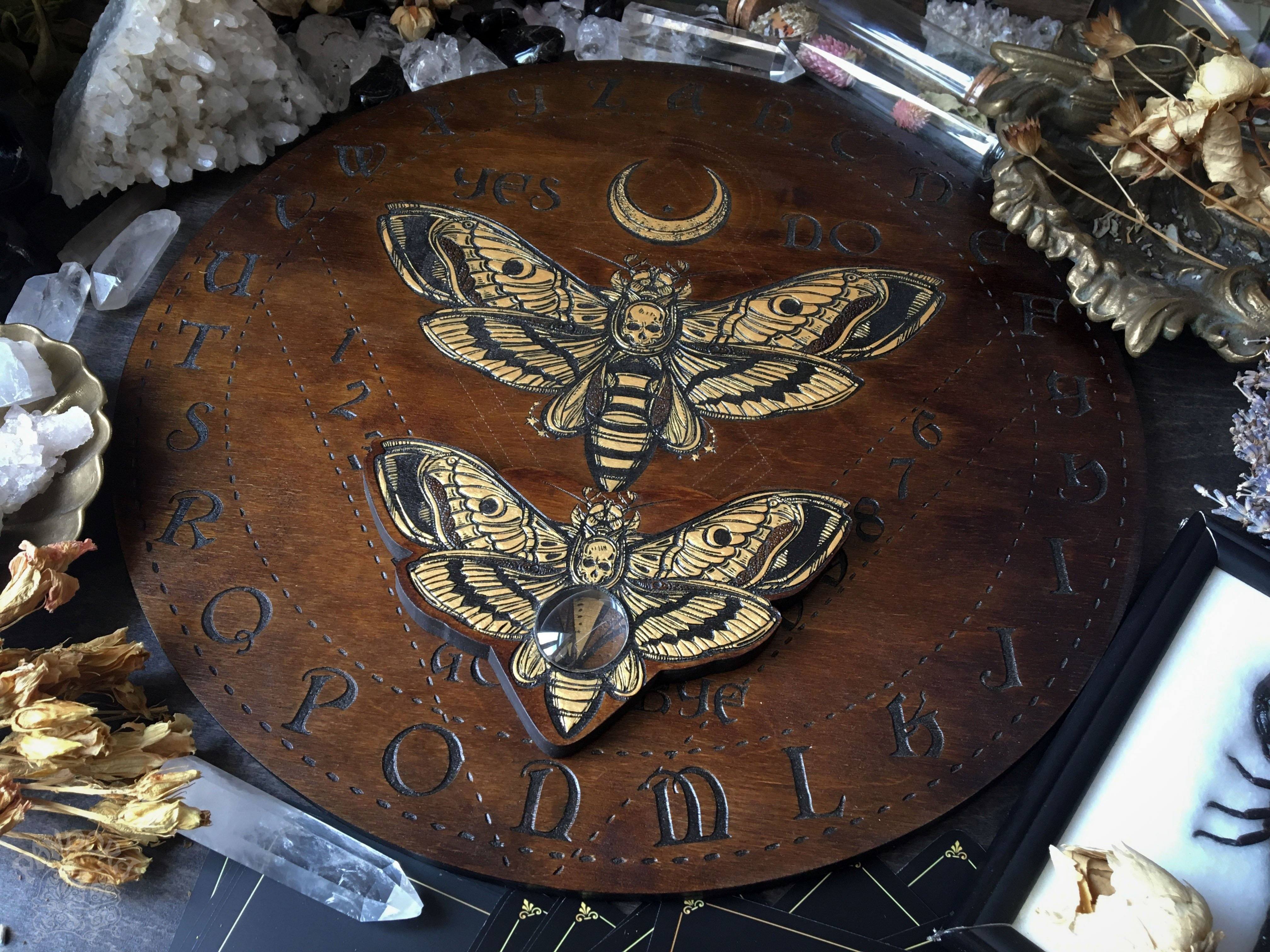 Ouija Board, Witch Board, Talking Board for calling spirits with Death's head moth