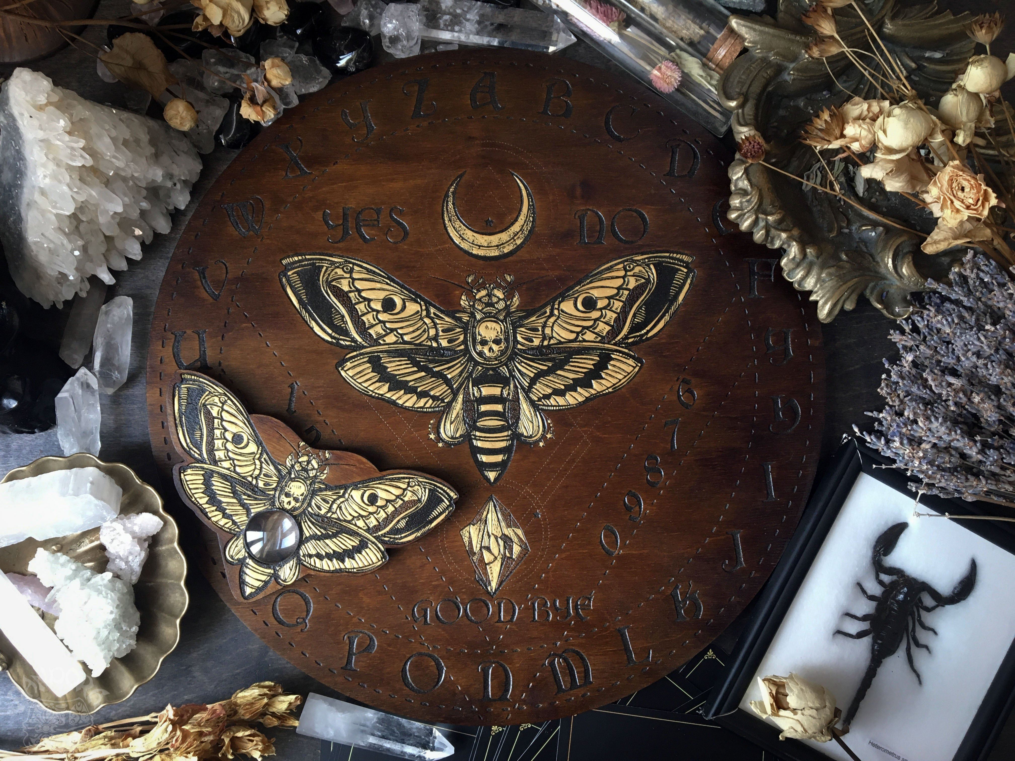 Ouija Board, Witch Board, Talking Board for calling spirits with Death's head moth