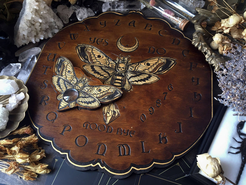 Ouija Board, Witch Board, Talking Board for calling spirits with Death's head moth
