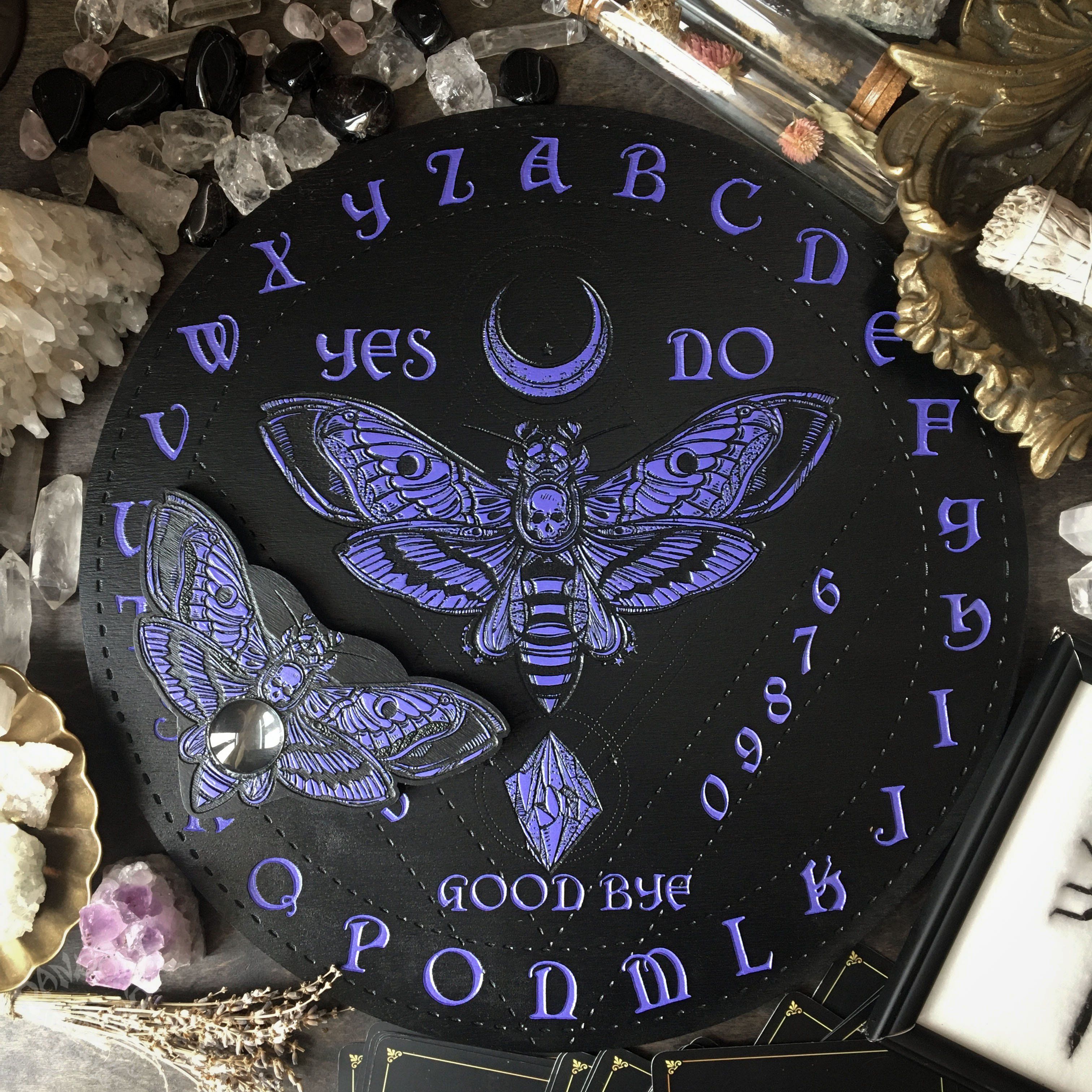 Ouija Board, Witch Board, Talking Board for calling spirits with Death's head moth