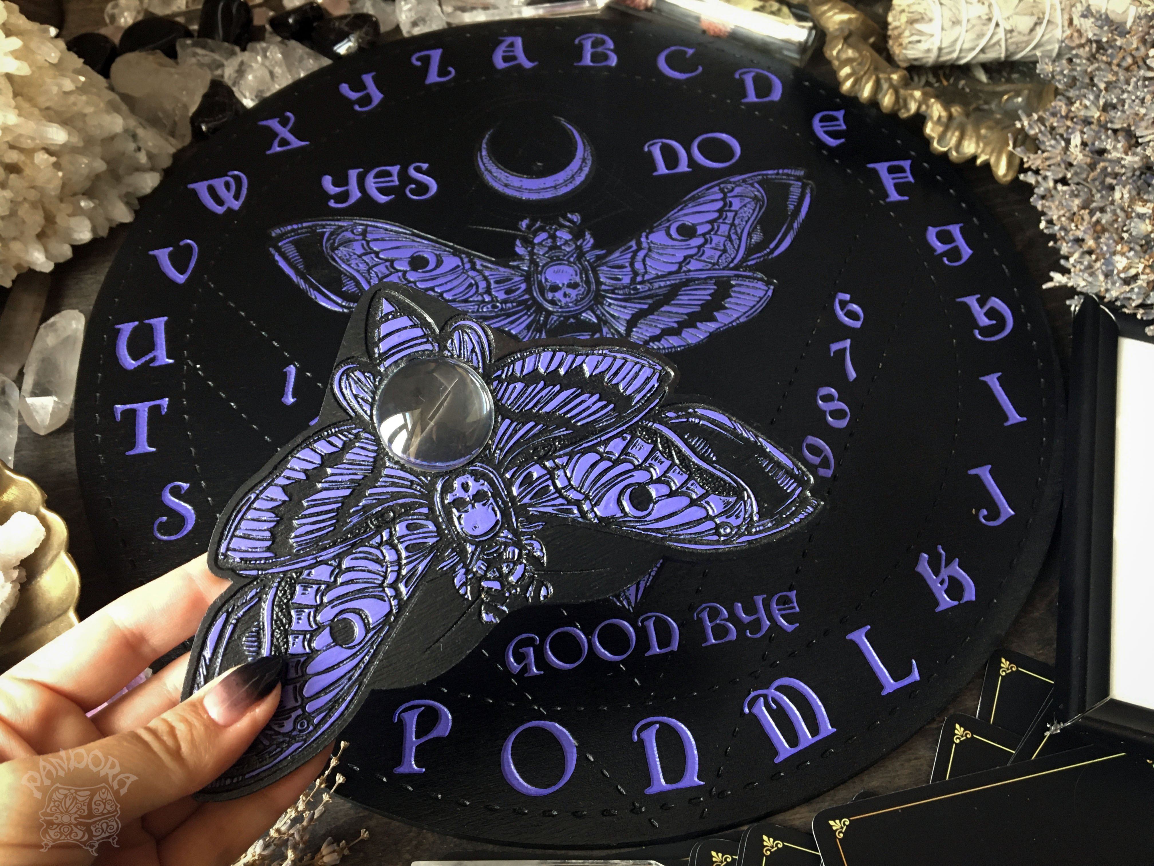 Ouija Board, Witch Board, Talking Board for calling spirits with Death's head moth