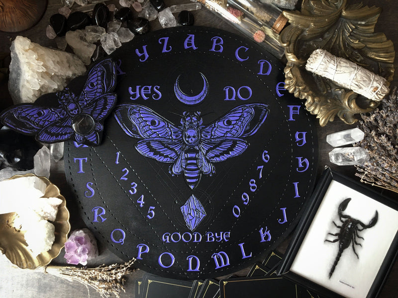 Ouija Board, Witch Board, Talking Board for calling spirits with Death's head moth