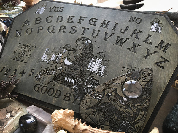 Wooden Ouija Board, Witch Board, Talking Board for calling spirits with Voodoo Veve Maman Brigitte