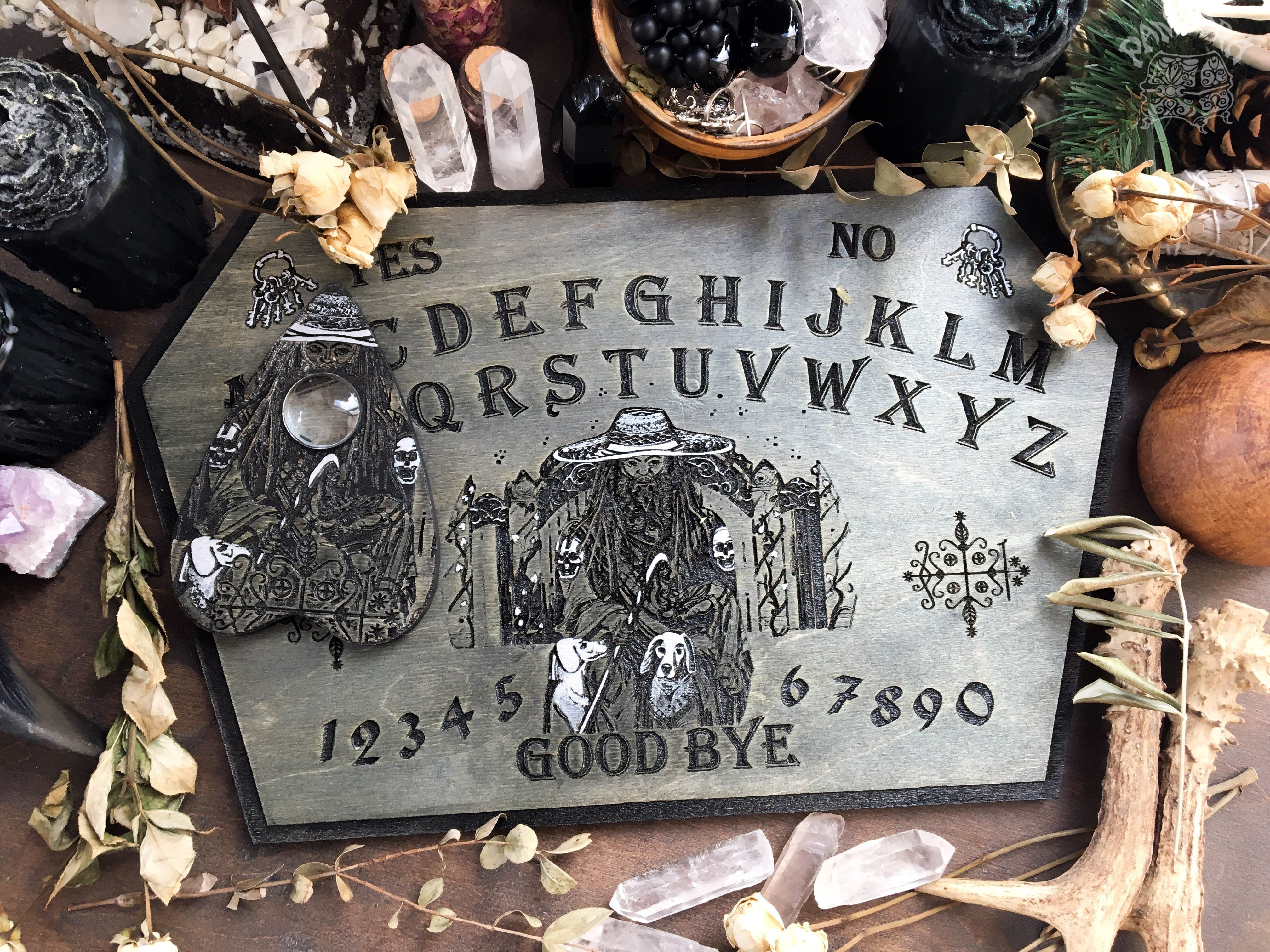 Wooden Ouija Board, Witch Board, Talking Board for calling spirits with Voodoo Veve Papa Legba