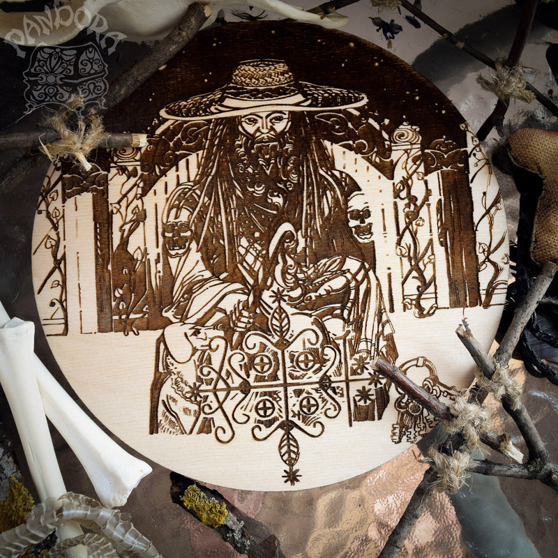 Wooden pentacle with engraving Papa Legba and his Veve. Papa Legba - Lord of spiritual crossroads - Loa from Haitian Vodou (voodoo) who serves as the intermediary between the loa and humanity.  