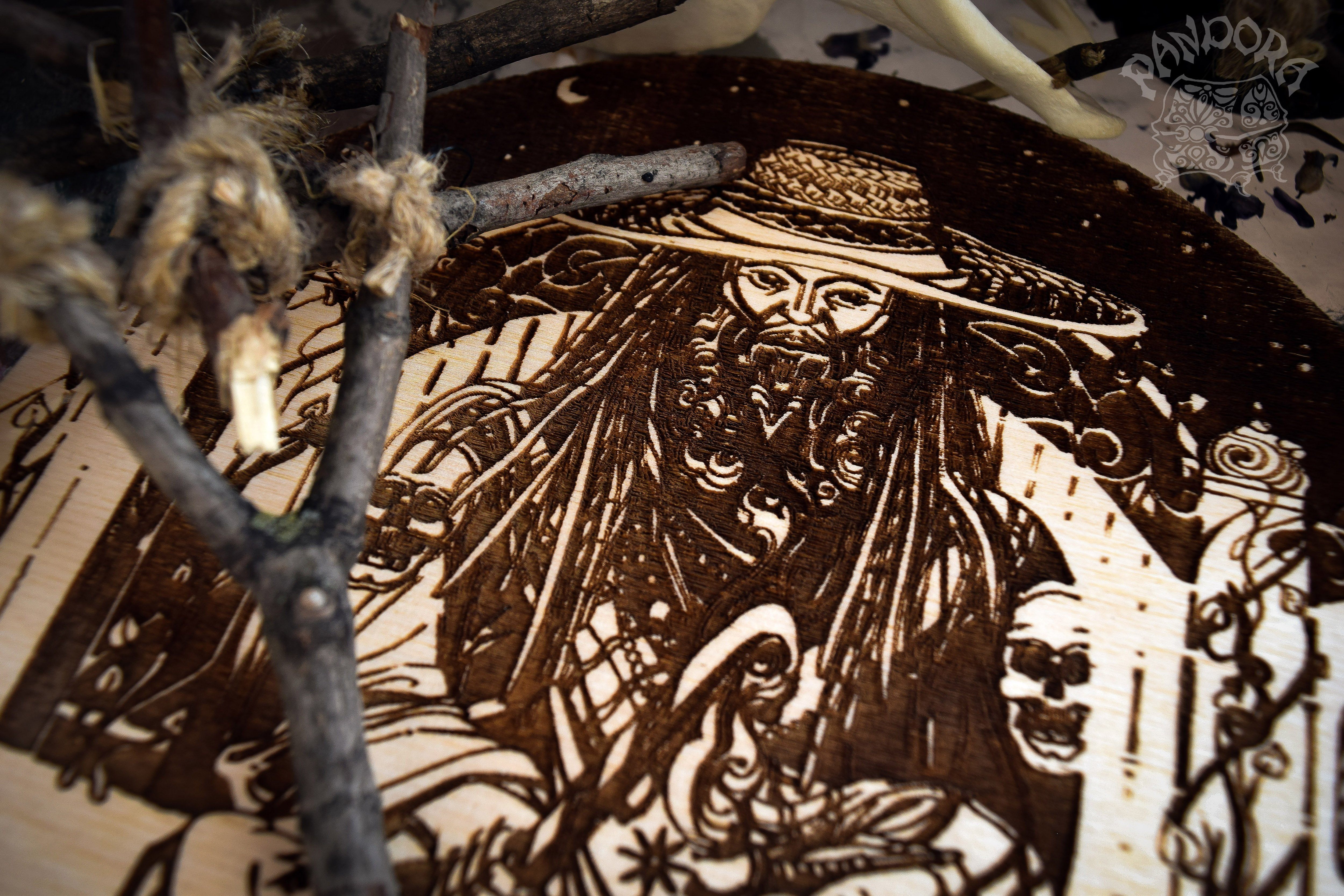 Wooden pentacle with engraving Papa Legba and his Veve. Papa Legba - Lord of spiritual crossroads - Loa from Haitian Vodou (voodoo) who serves as the intermediary between the loa and humanity.  