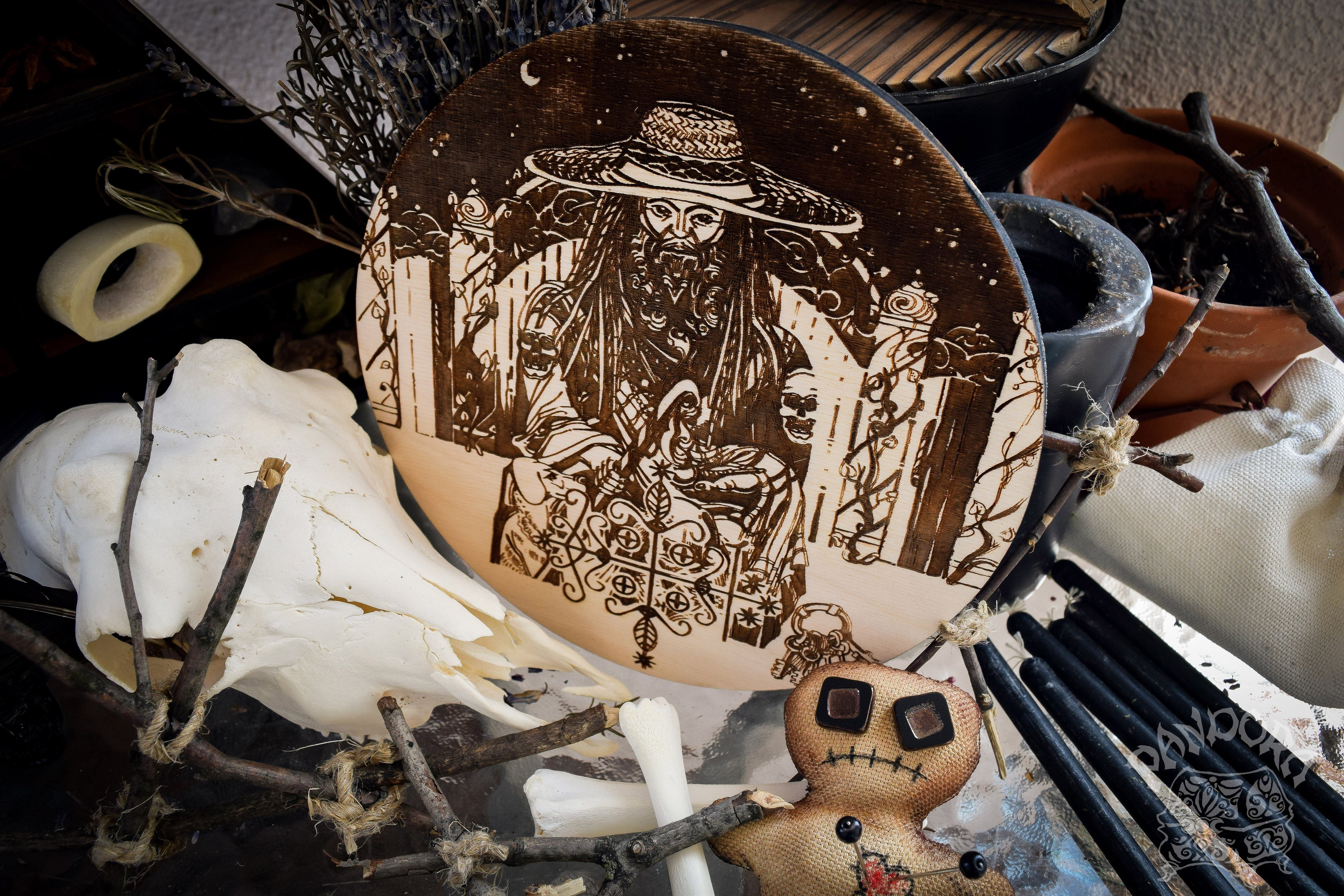 Wooden pentacle with engraving Papa Legba and his Veve. Papa Legba - Lord of spiritual crossroads - Loa from Haitian Vodou (voodoo) who serves as the intermediary between the loa and humanity.  