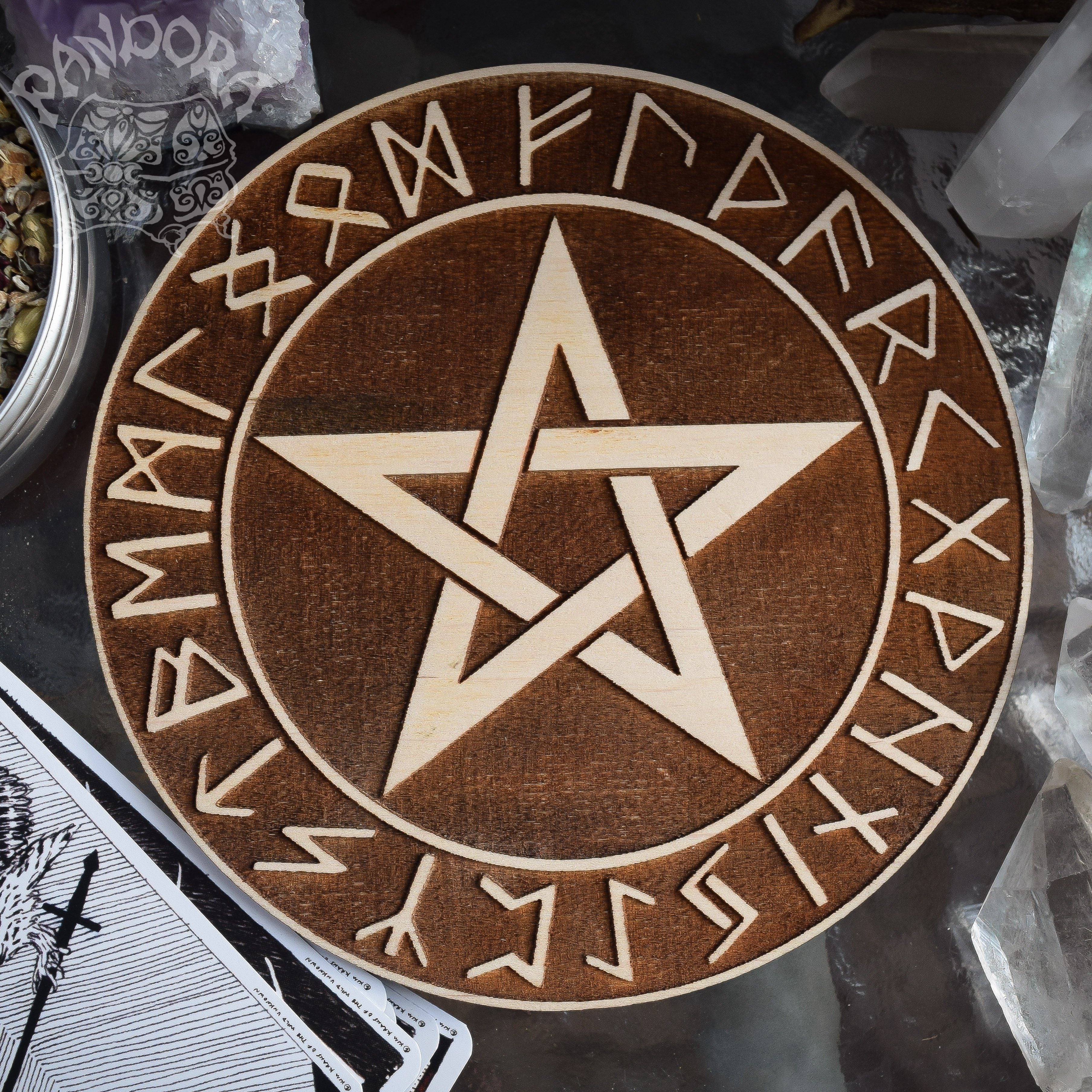 Pentagram And Elder Futhark - Altar Pentacle - Natural