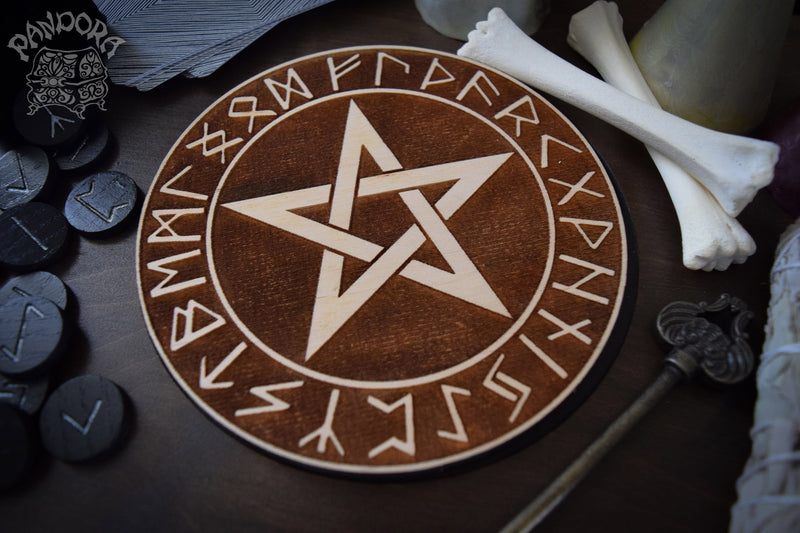 Pentagram And Elder Futhark - Altar Pentacle - Natural