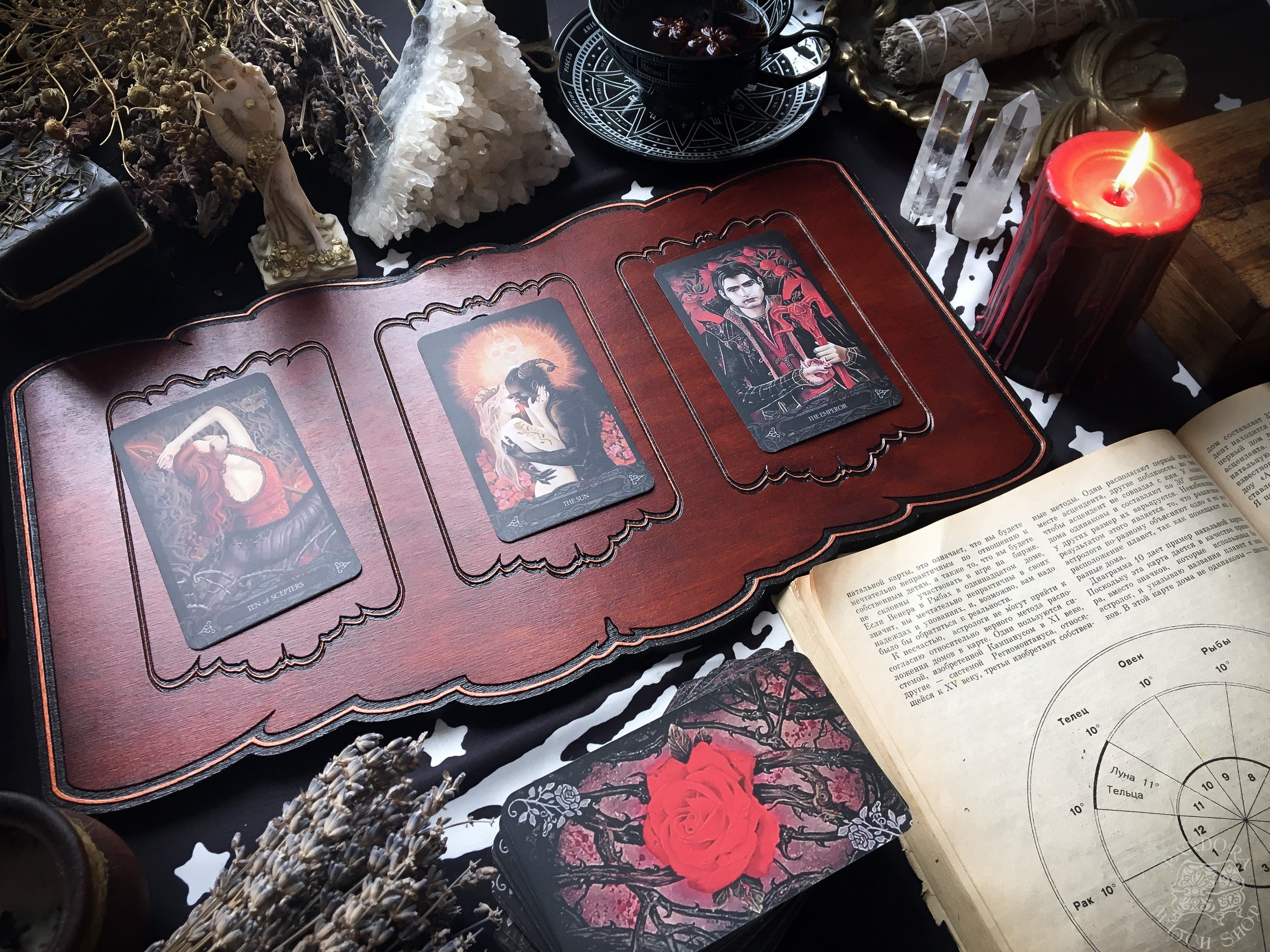 Tarot Board Three Card Spread- Red wood