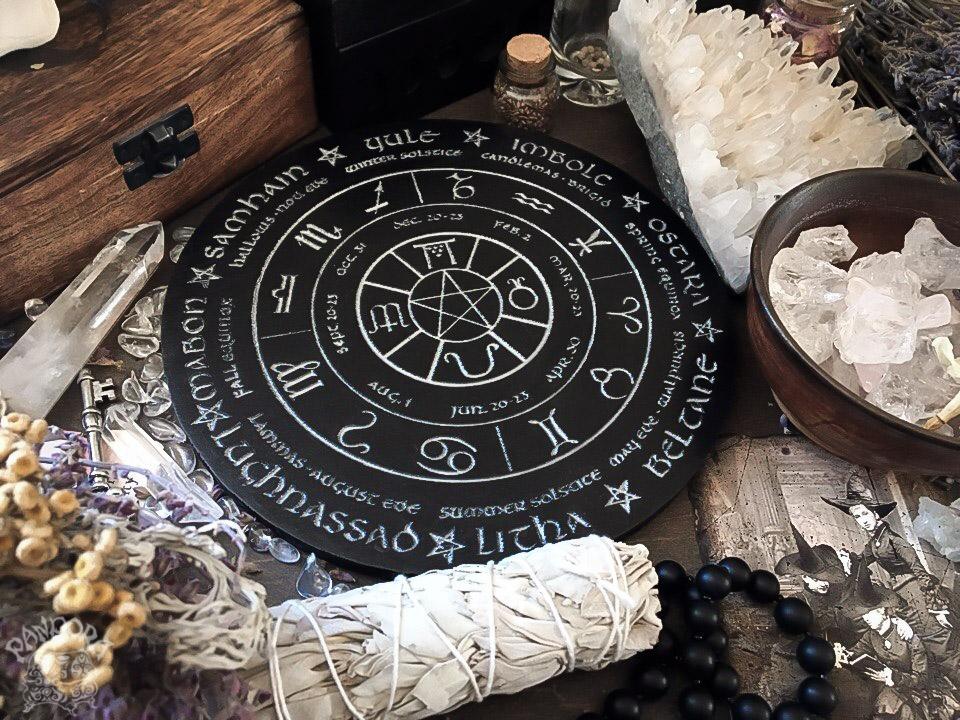 Wooden Wheel of the Year - calendar of pagan festivals and seasonal sabbaths: Yule, Imbolc, Ostara, Beltane, Litha, Lammas, Mabon, Samhain. 