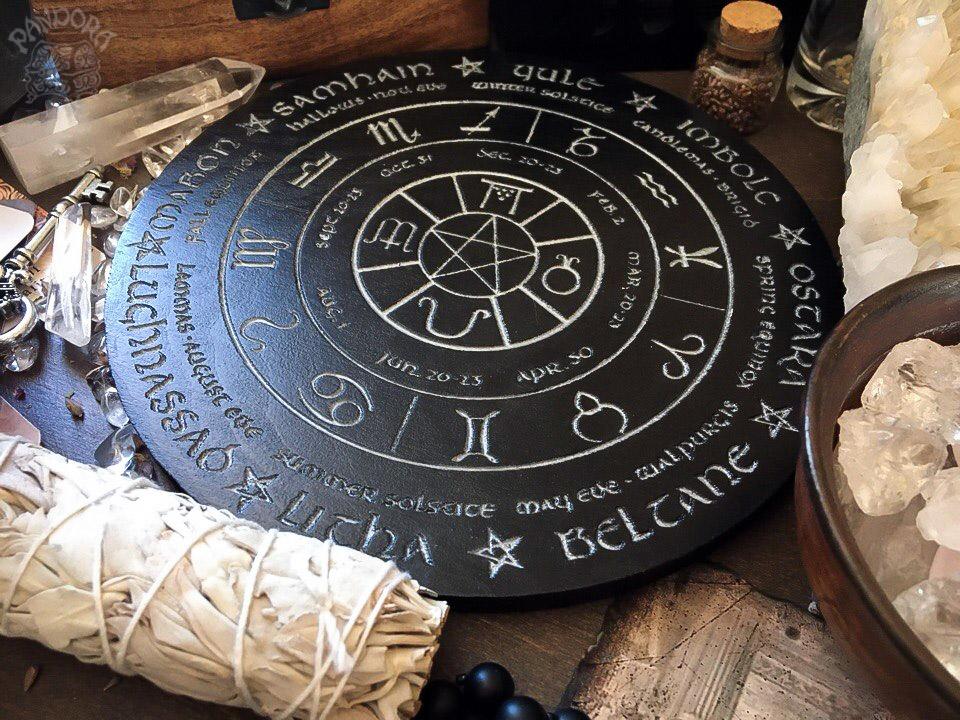 Wooden Wheel of the Year - calendar of pagan festivals and seasonal sabbaths: Yule, Imbolc, Ostara, Beltane, Litha, Lammas, Mabon, Samhain. 