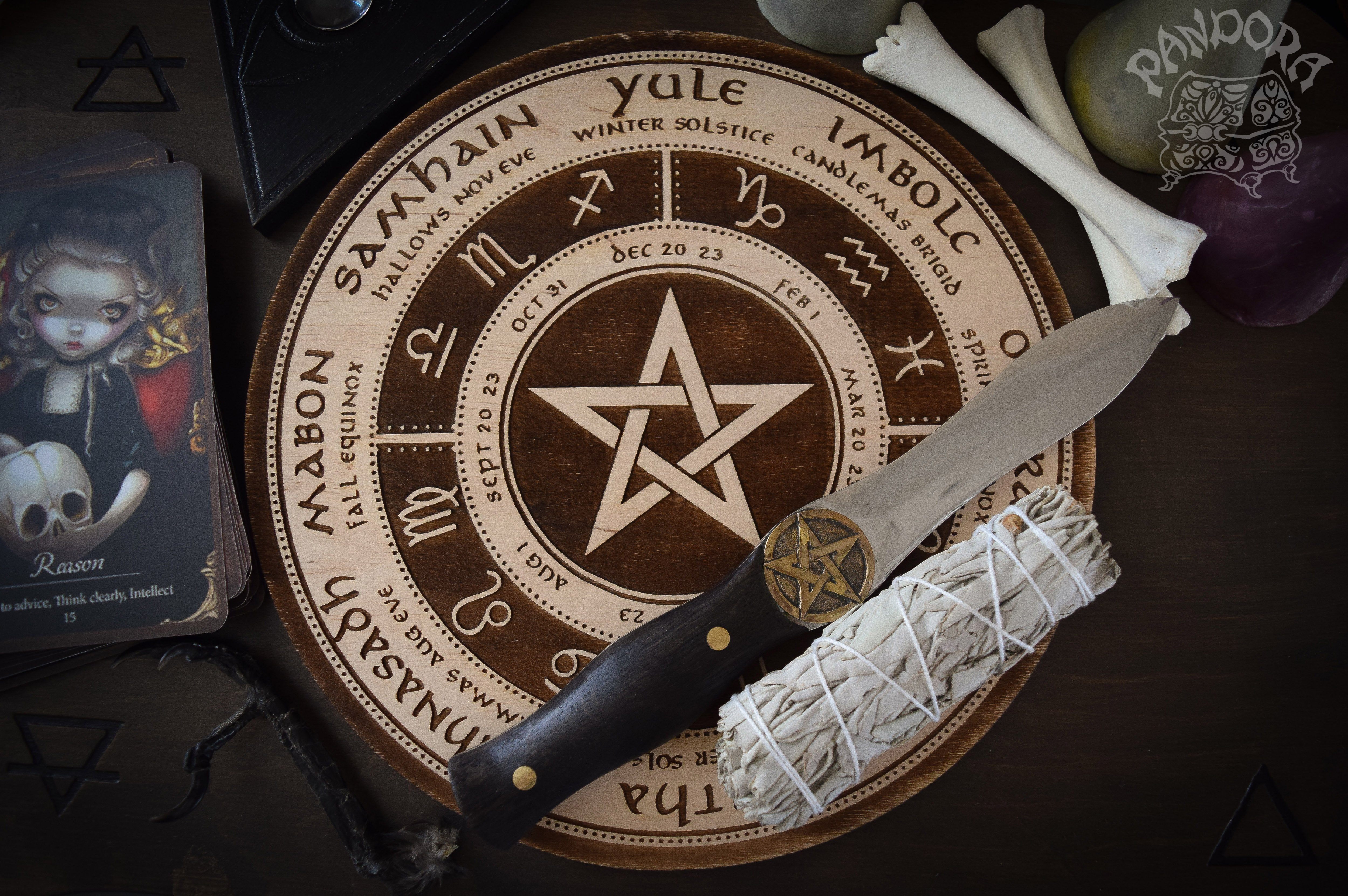 Wooden Wheel of the Year - calendar of pagan festivals and seasonal sabbaths: Yule, Imbolc, Ostara, Beltane, Litha, Lammas, Mabon, Samhain. 