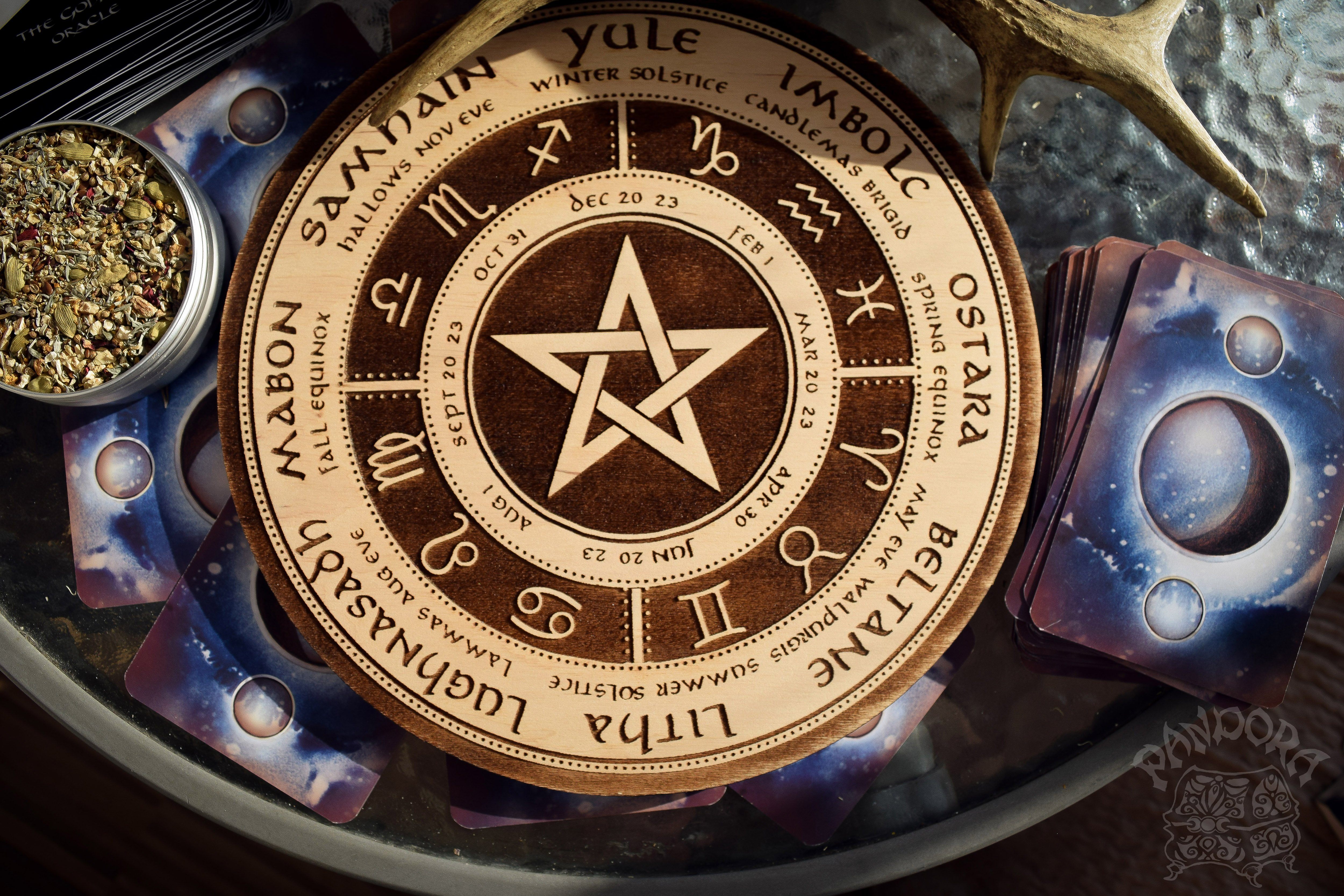 Wooden Wheel of the Year - calendar of pagan festivals and seasonal sabbaths: Yule, Imbolc, Ostara, Beltane, Litha, Lammas, Mabon, Samhain. 