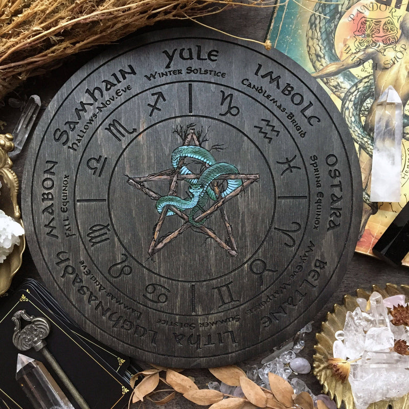 Wheel of the Year - Snake Pentagram Zodiac - Gray wood+full color