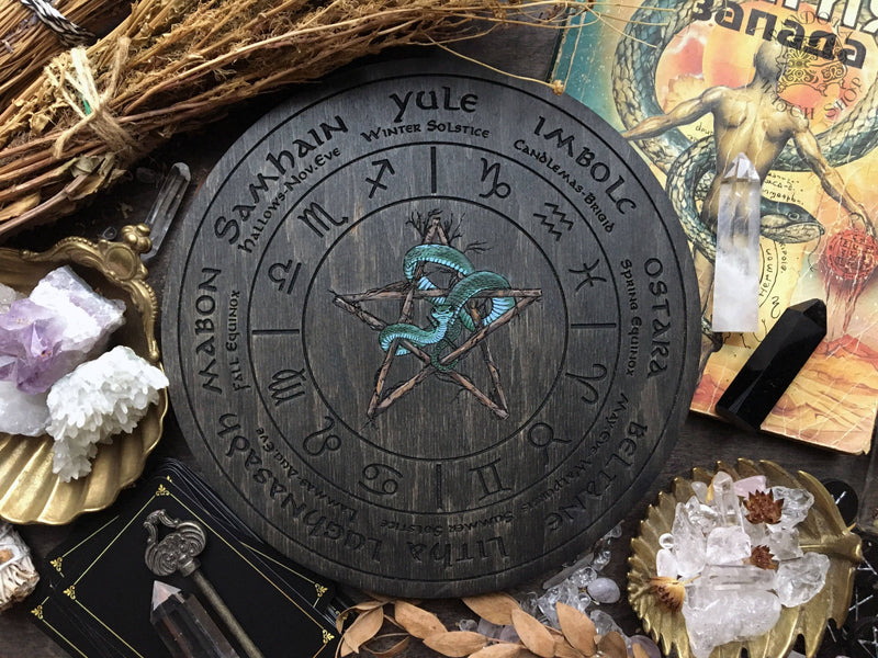 Wheel of the Year - Snake Pentagram Zodiac - Gray wood+full color
