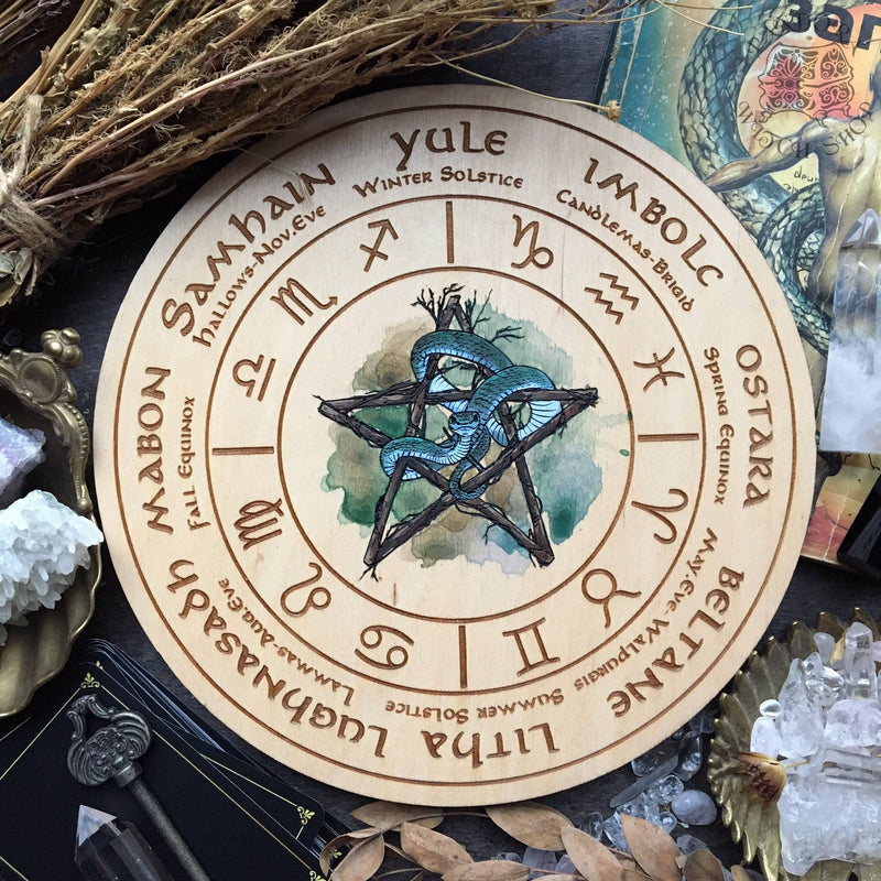 Wheel of the Year - Snake Pentagram Zodiac - Natural wood+full color